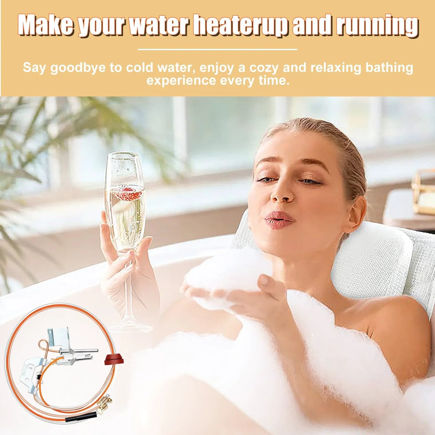 Woman relaxing in bathtub holding champagne, overlay of Easy Install Natural Gas Pilot Assembly Replacement For Reliance A O Smith Kenmore