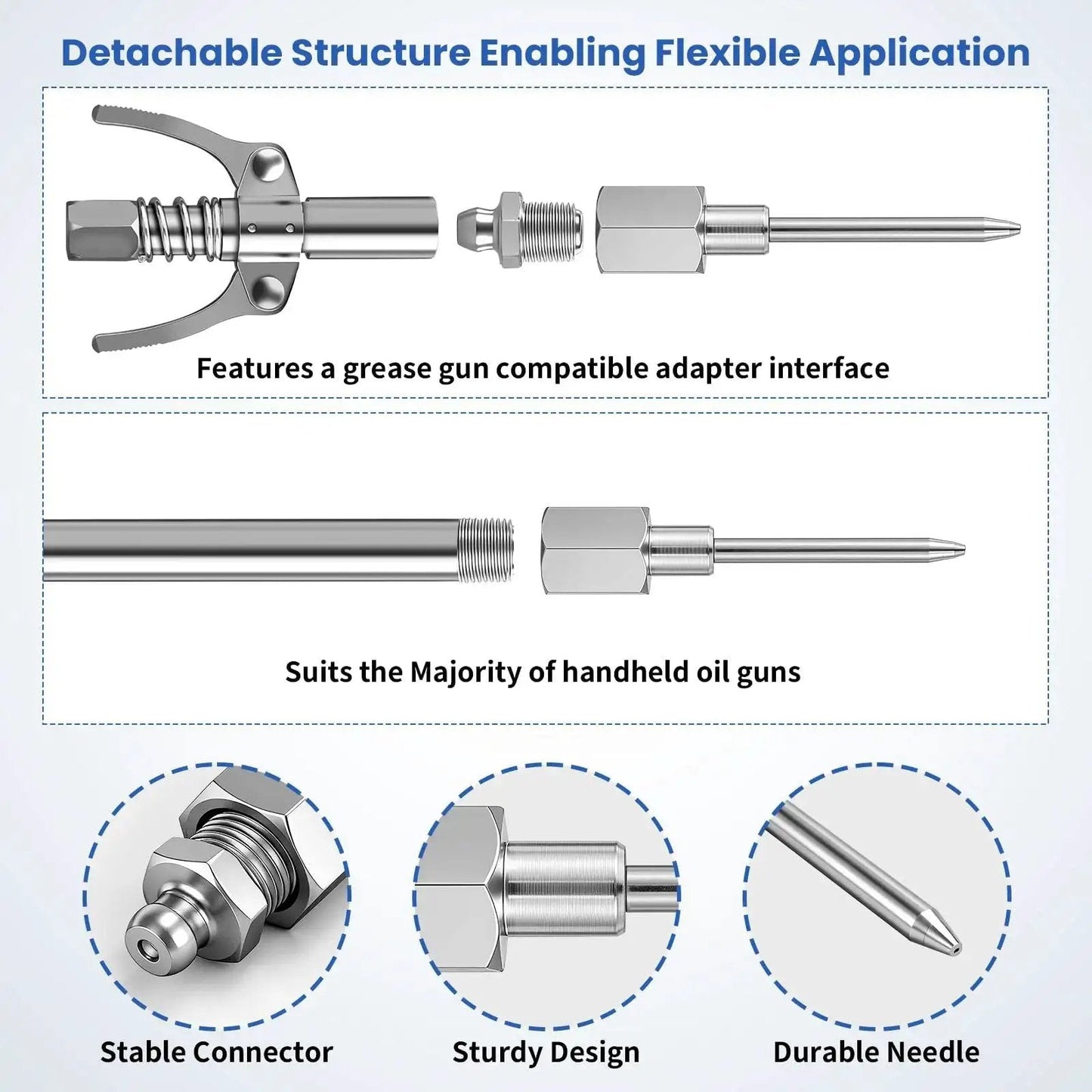 7 Piece Grease Gun Needle Tips Accessories Kit Set With Straight And Curved Nozzles Rubber Joint Detachable Injector Coupler Elbow Fittings 2 Heavy Duty Dispensers Great For Narrow Tight Small Confined Spaces, featuring detachable structure and adapter interface.
