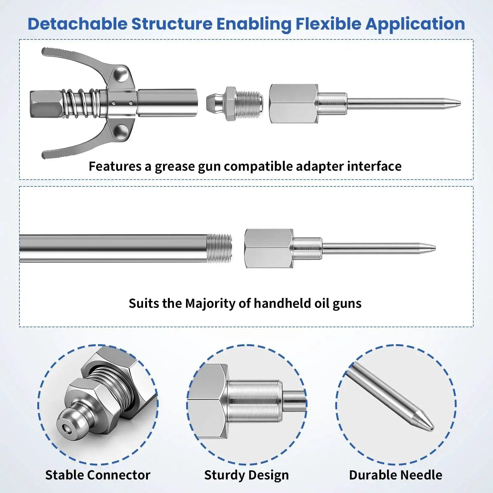 7 Piece Grease Gun Needle Tips Accessories Kit Set With Straight And Curved Nozzles Rubber Joint Detachable Injector Coupler Elbow Fittings 2 Heavy Duty Dispensers Great For Narrow Tight Small Confined Spaces, featuring detachable structure and adapter interface.
