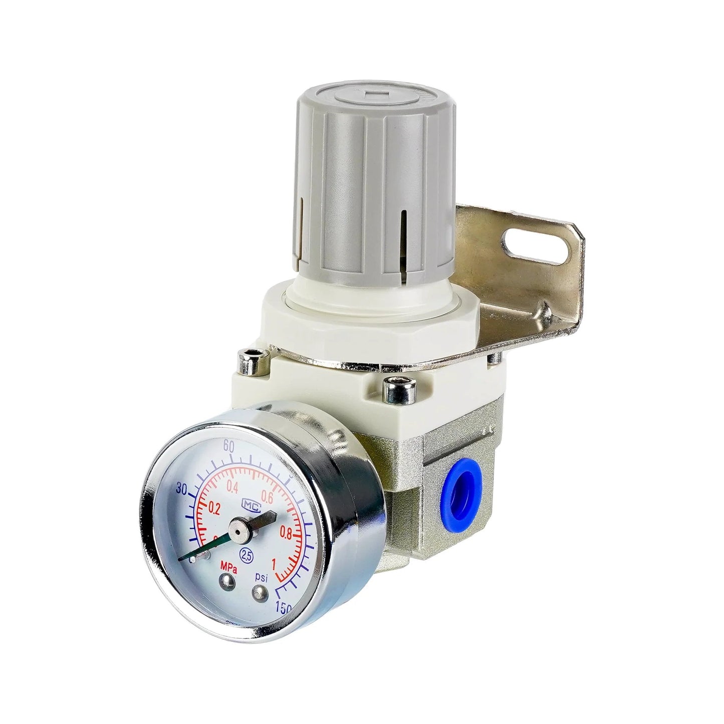 Front view of Pro Grade Air Regulator for Compressors with 0.25 inch port, 0 to 150 PSI gauge, bracket included, 20 SCFM flow.