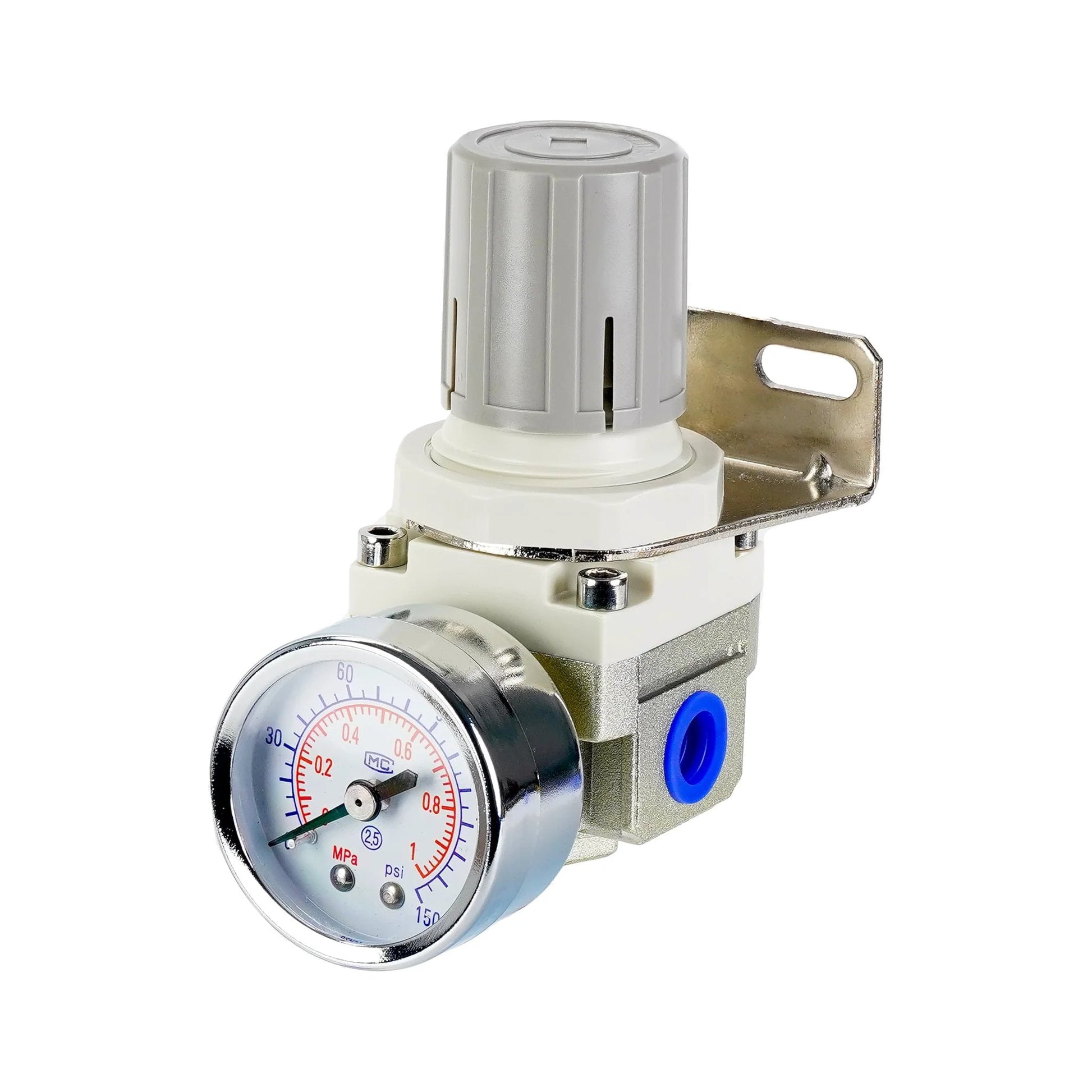 Front view of Pro Grade Air Regulator for Compressors with 0.25 inch port, 0 to 150 PSI gauge, bracket included, 20 SCFM flow.