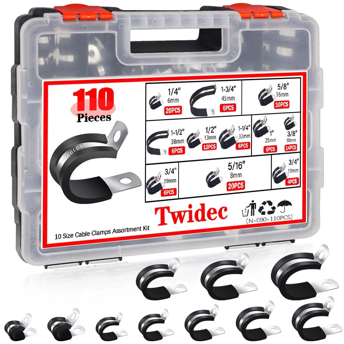 Premium 110 Piece Cable Clamps Assortment Kit with 304 stainless steel rubber cushioned clamps in a handy handheld box