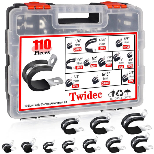 Premium 110 Piece Cable Clamps Assortment Kit with 304 stainless steel rubber cushioned clamps in a handy handheld box