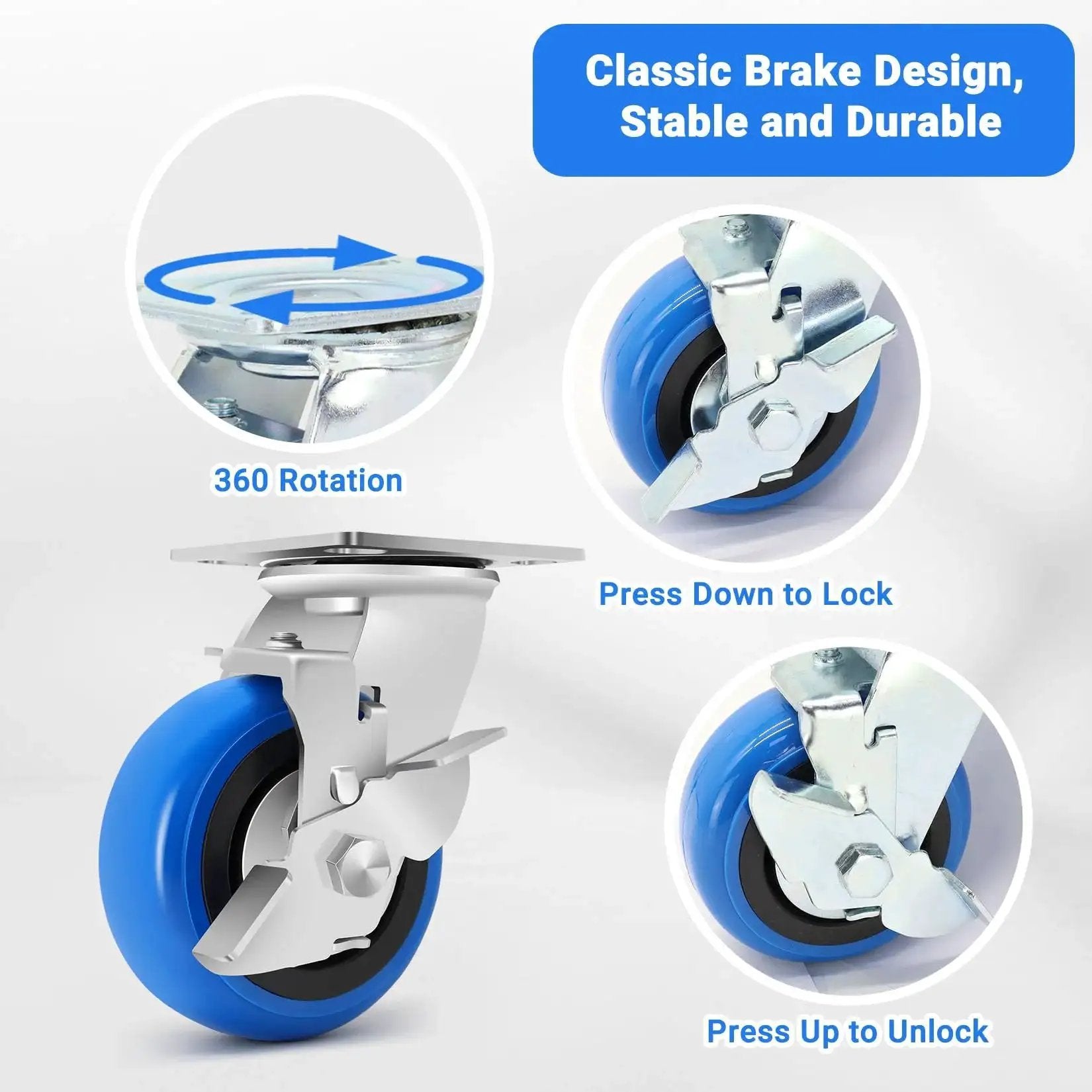 5 Inch Heavy Duty Caster Set Of Four With 3500 Lbs Industrial Grade Capacity And Upgraded Thickened Bracket Smooth Rolling Wheels For Cart Bases Two Brakes And Two Rigid Castors Ideal For Warehouses Workshops And Industrial Use. Close-up of caster showing brake mechanism and 360-degree rotation.