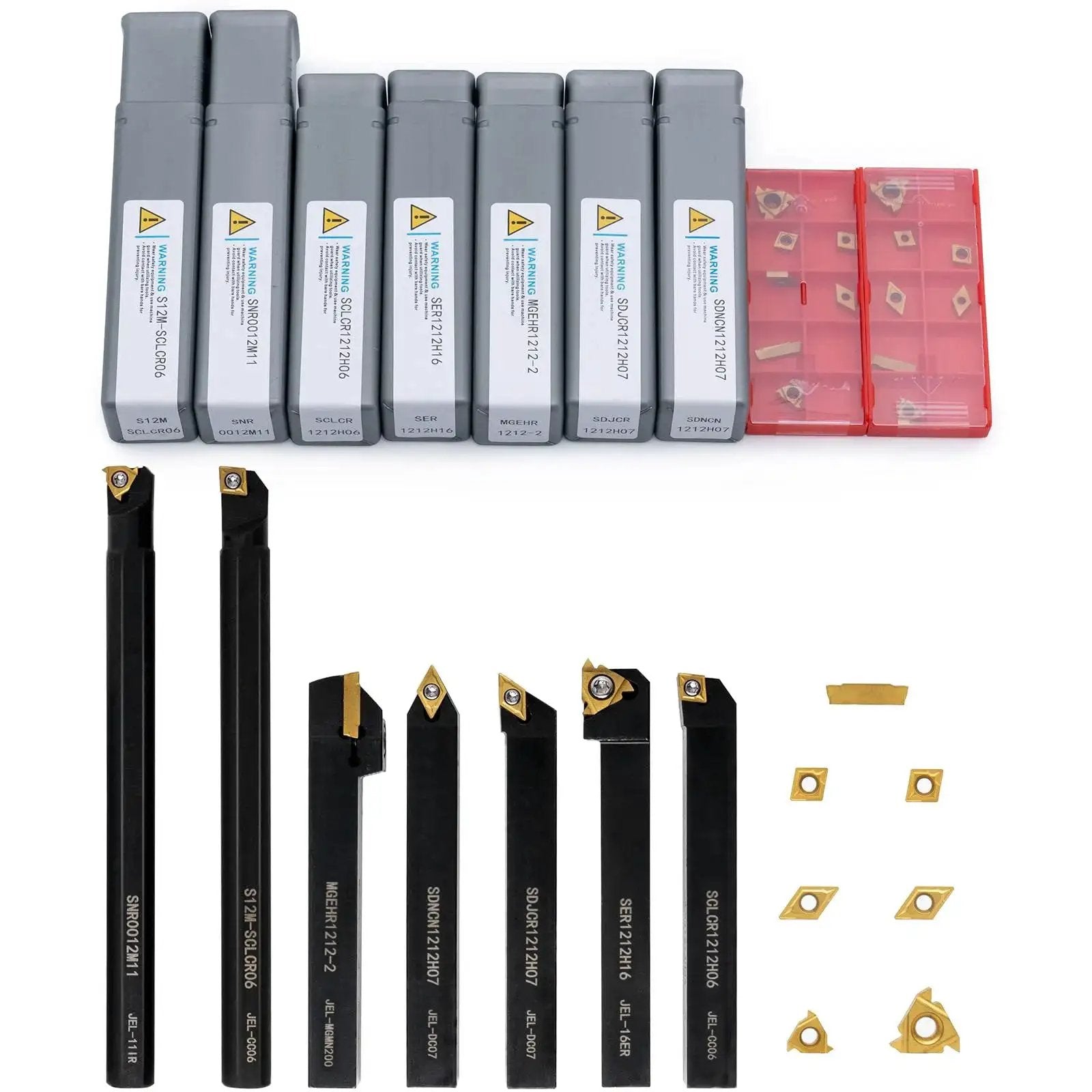 21 Piece Lathe Tool Kit With Indexable Carbide Turning Tools For Turning Grooving Threading And Boring Half Inch And Twelve Millimeter Shank Includes Seven Tool Holders And Fourteen Carbide Inserts displayed.
