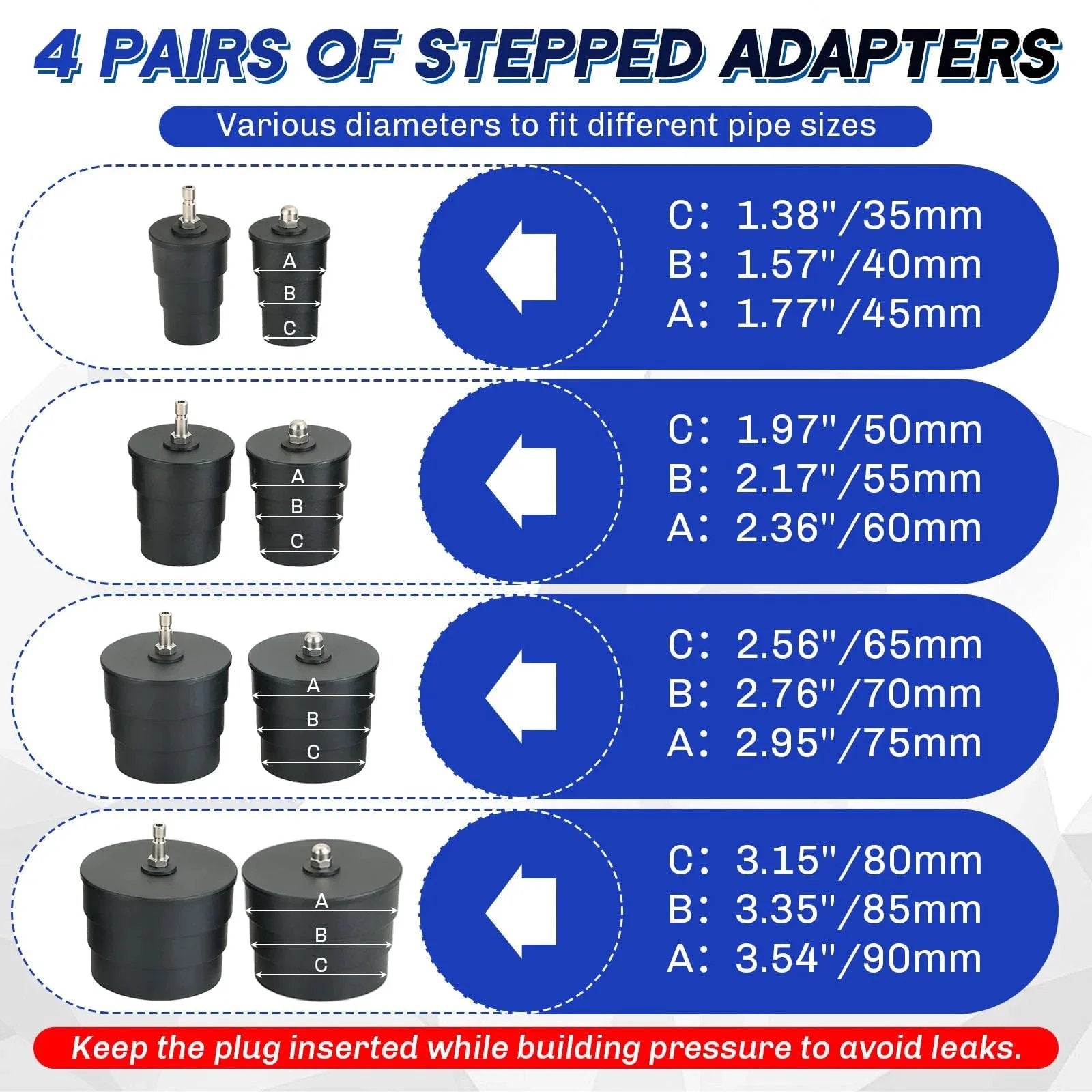 Diagram of Beefed-Up Turbo System Leakage Tester Kit with 4 stepped adapters for different pipe sizes, 12-piece set.