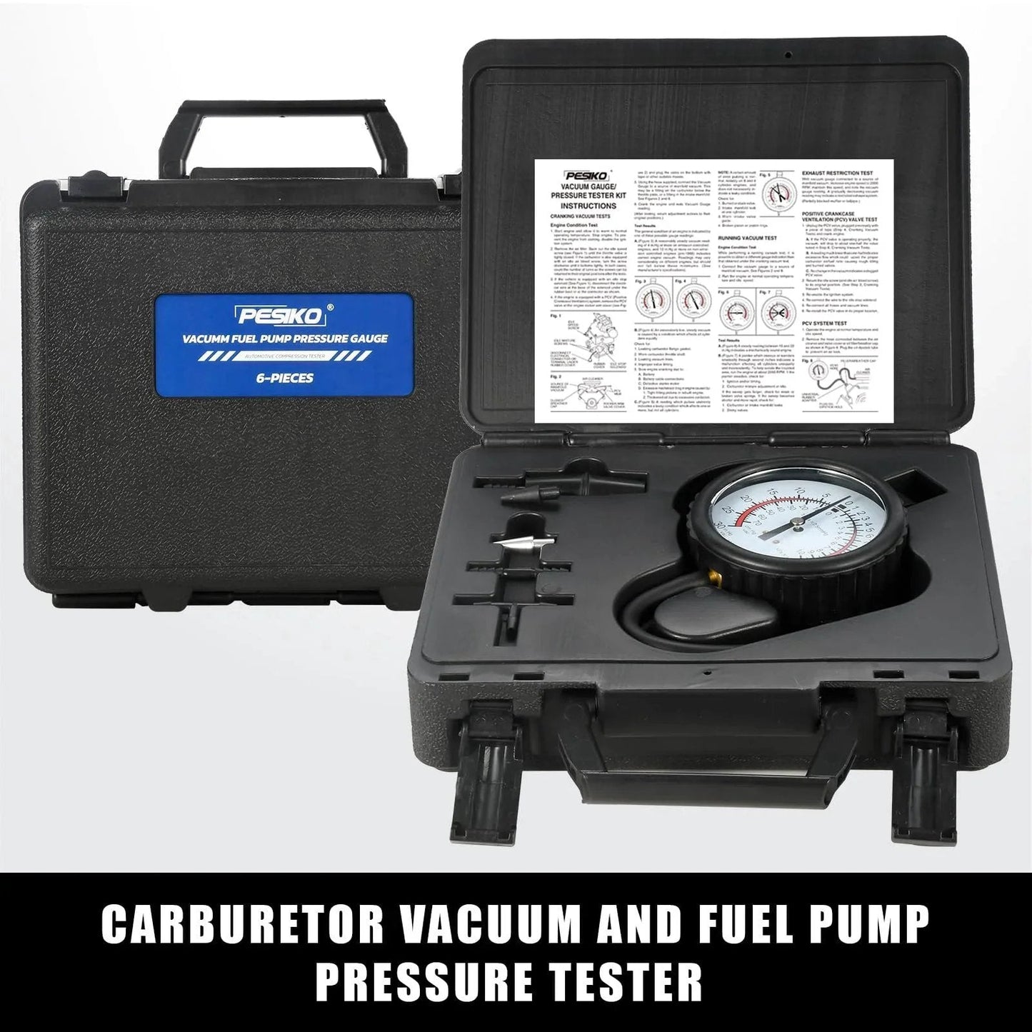 All In One Six Piece Vacuum Pressure Gauge Kit For Carburetors And Vacuum Systems That Simultaneously Measures Carburetor Pressure And Detects Vacuum Leaks With Multiple Size Adapters For Automotive And Motorcycle Diagnostics in open carrying case showing gauges and adapters