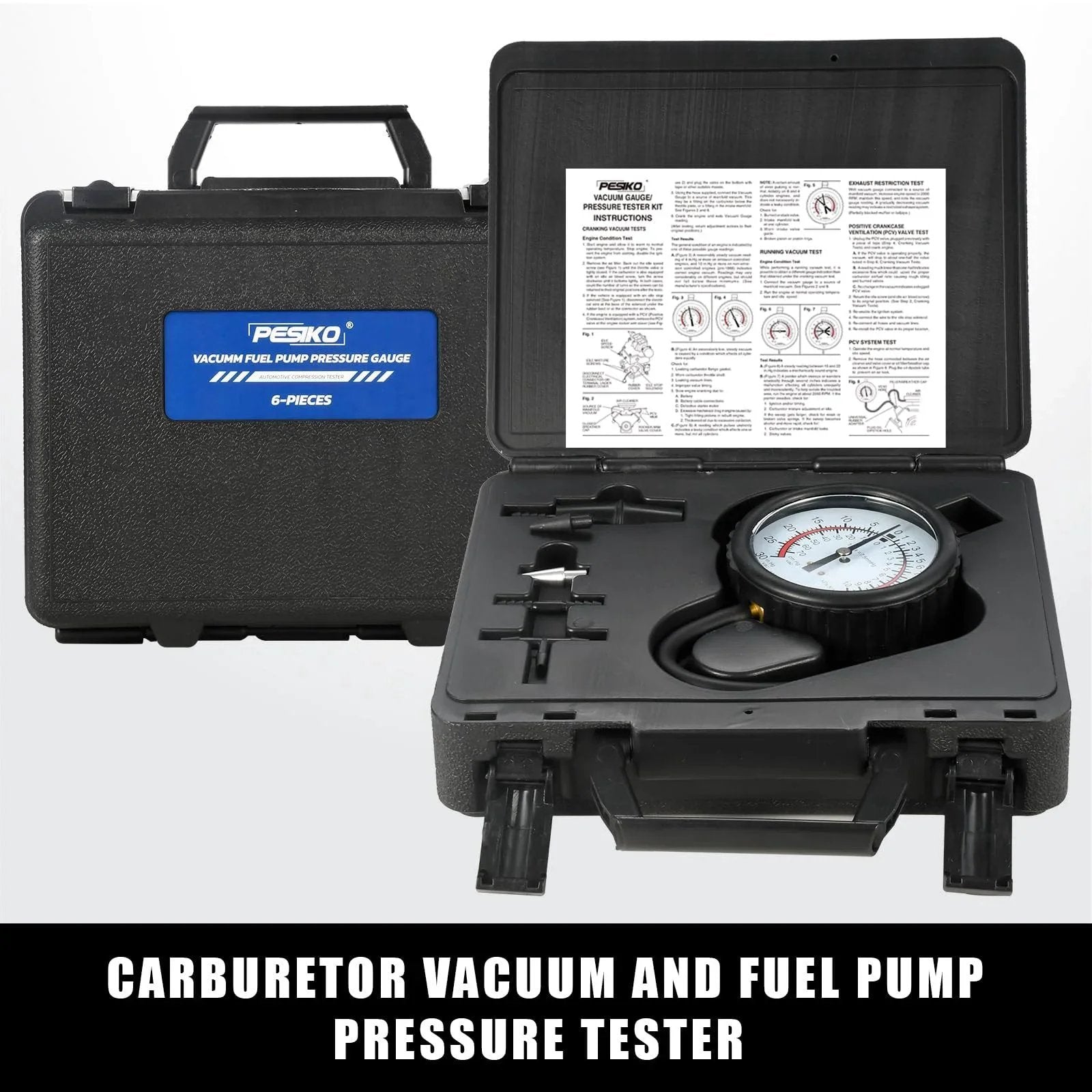 All In One Six Piece Vacuum Pressure Gauge Kit For Carburetors And Vacuum Systems That Simultaneously Measures Carburetor Pressure And Detects Vacuum Leaks With Multiple Size Adapters For Automotive And Motorcycle Diagnostics in open carrying case showing gauges and adapters