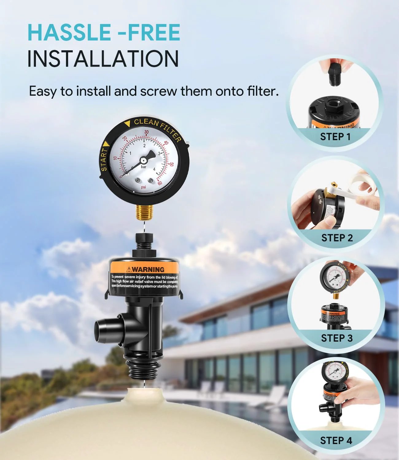 High Flow Manual Relief Valve With Integrated Pressure Gauge For Pool And Spa Cartridge Filters Replacement installation guide.