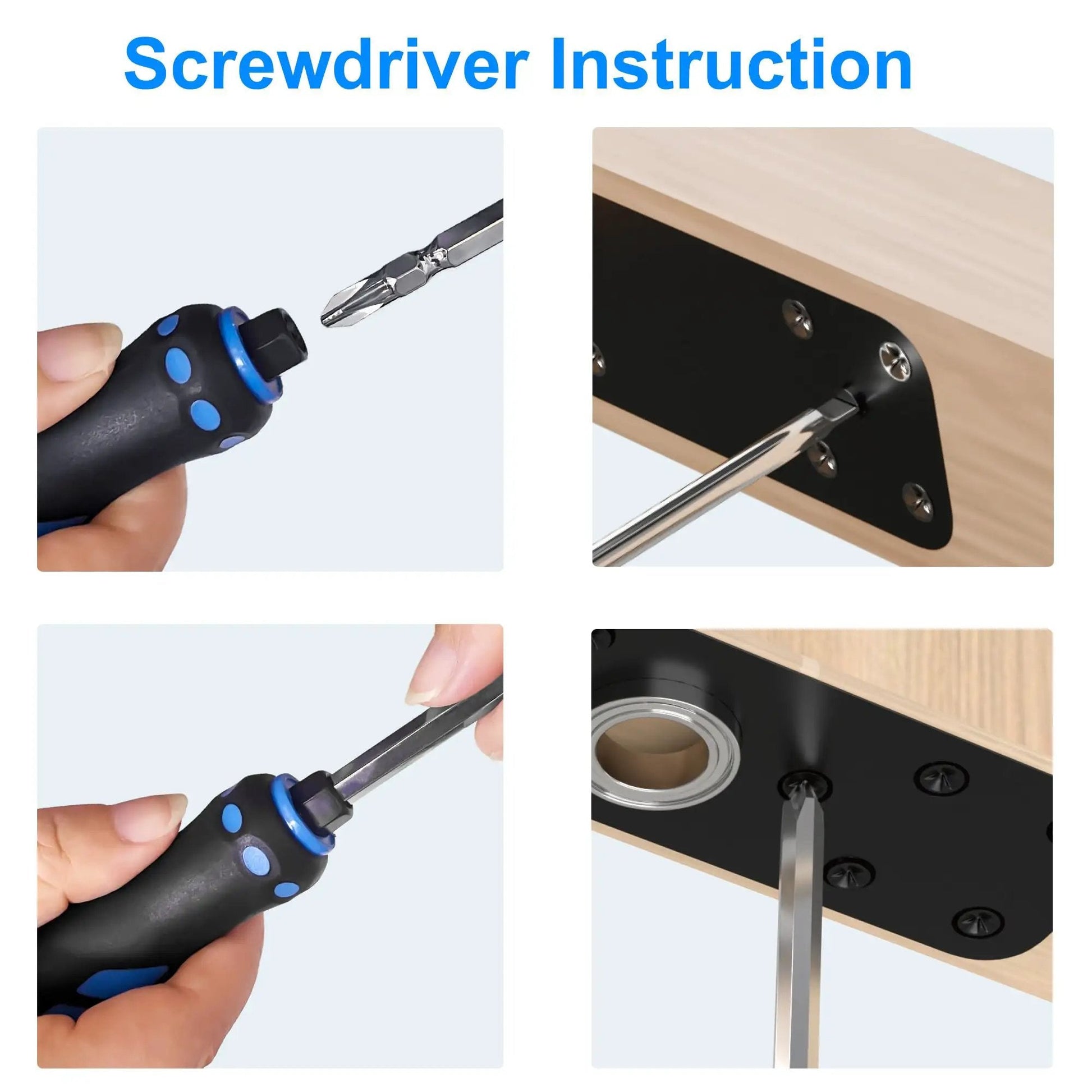 Instruction for installing Hidden Door Hinge With Dual Bearing For Silent Operation using a screwdriver on wood surface.