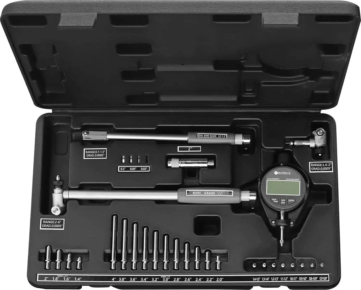Ultra Precise Digital Dial Bore Gauge for Engine Cylinder Measurements with 23 anvils, 0.7 to 6 in range, 6 in depth by Neoteck in case
