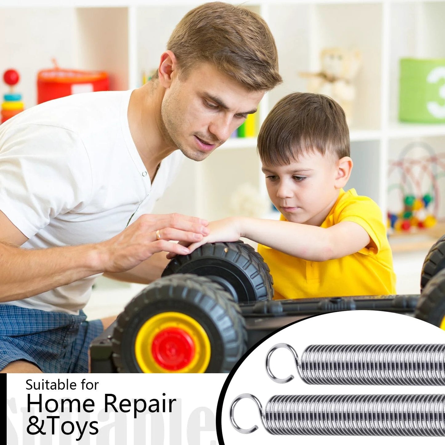 Father and son repairing toy car with Six Pack Extension Springs 3/8 By 6-1/2 Inch 0.047 Inch Dual Hook Tension Springs visible.