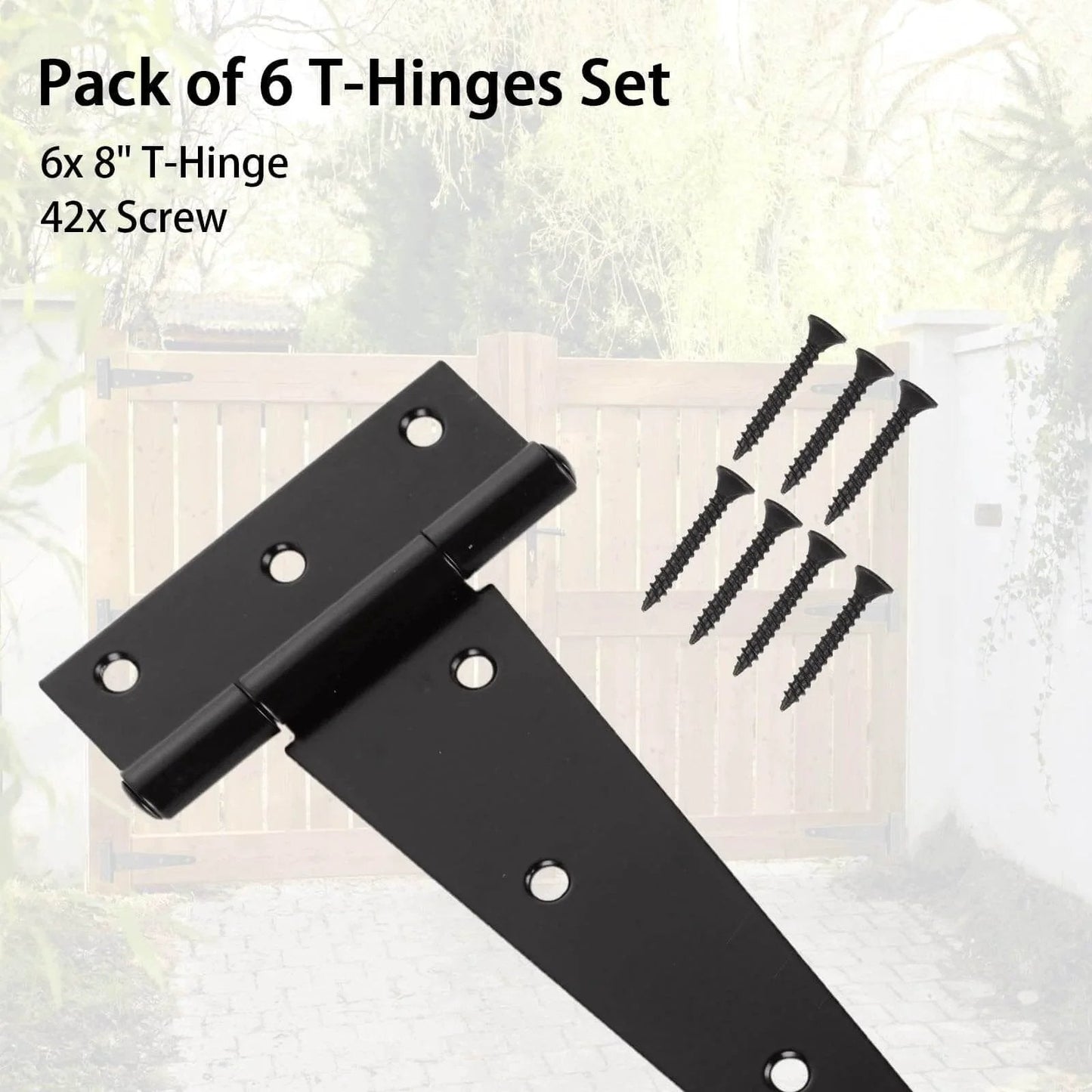 6 Pack 8 Inch T Strap Hinges Heavy Duty Shed Door Hinges with Screws, Black Tee Hinge for Wooden Fences and Gates Display