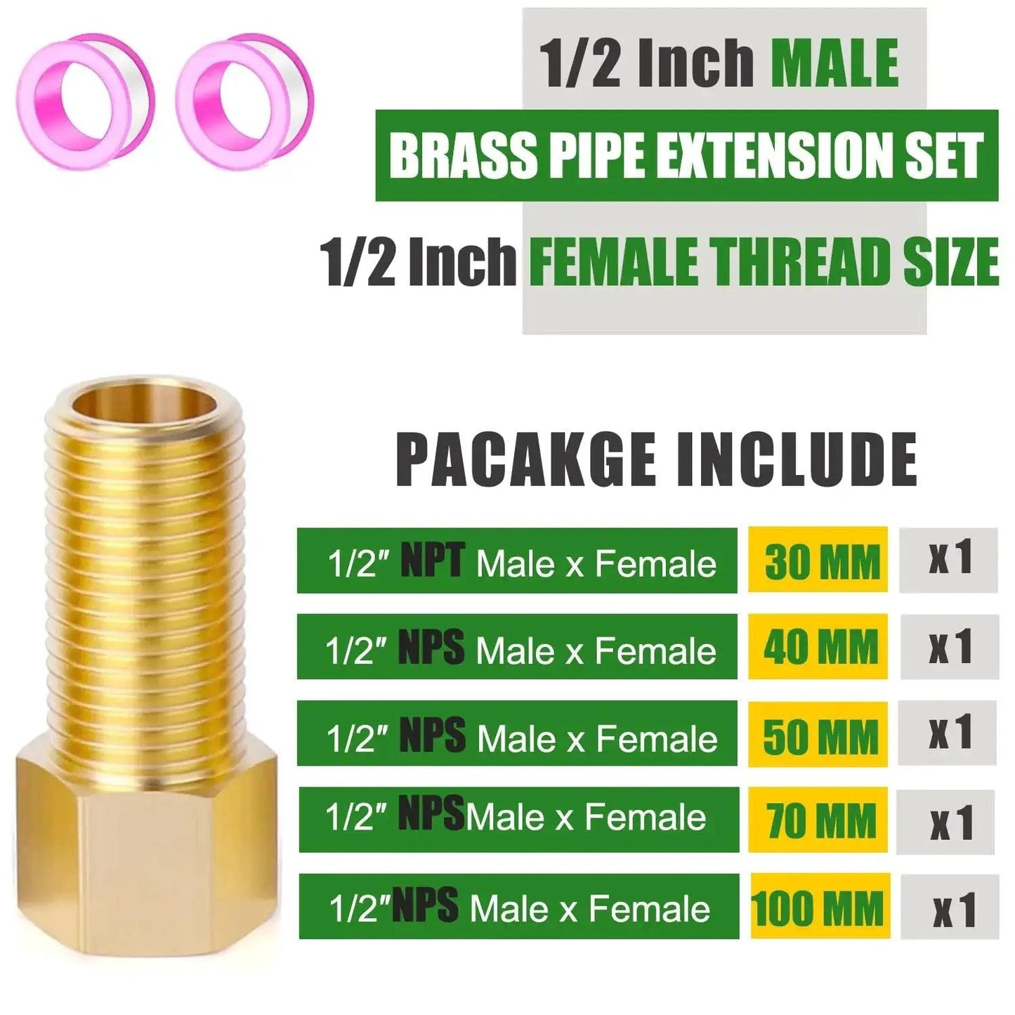 1/2 Inch Brass Pipe Extension Fitting Set Female To Male Connector for Tub Spout Shower NPT NPS With Teflon Tape Included
