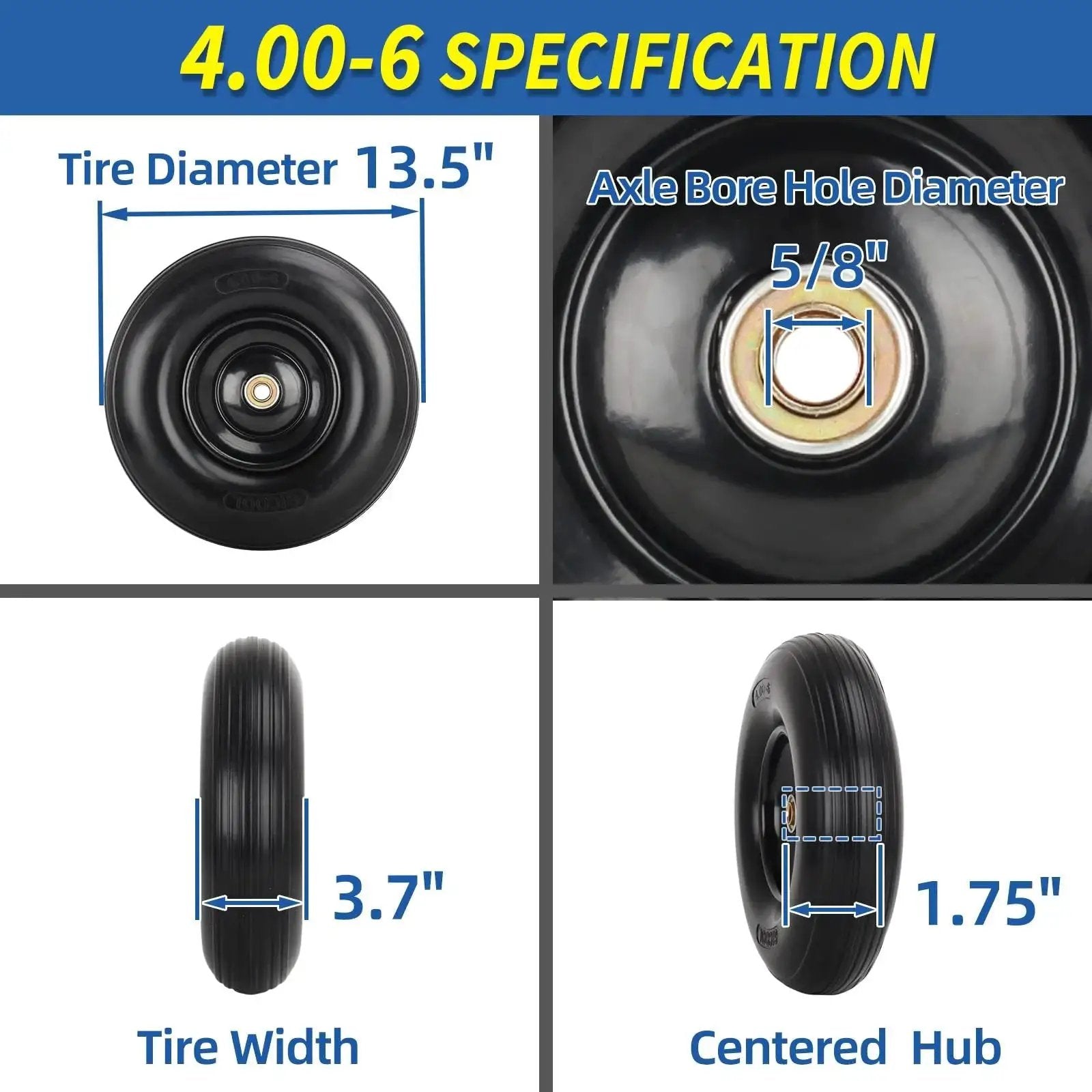 13.5 Inch Solid Flat Free Wheelbarrow Tire 4.00-6 with 5/8 Axle Bore, 3.7 Width, 1.75 Centered Hub specifications diagram