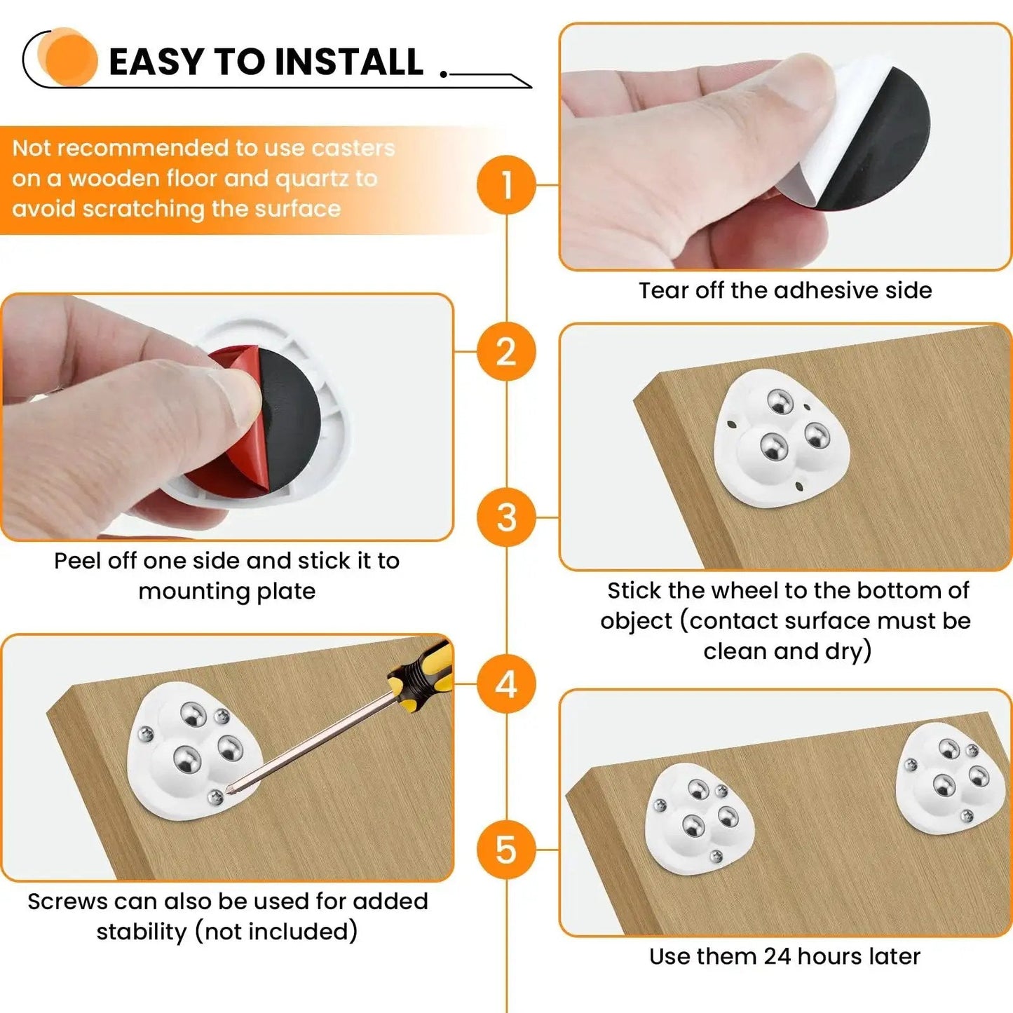 Mini Self Adhesive Caster Wheels 360 Degree Swivel Ball Transfer Rollers installation guide with peel-and-stick process