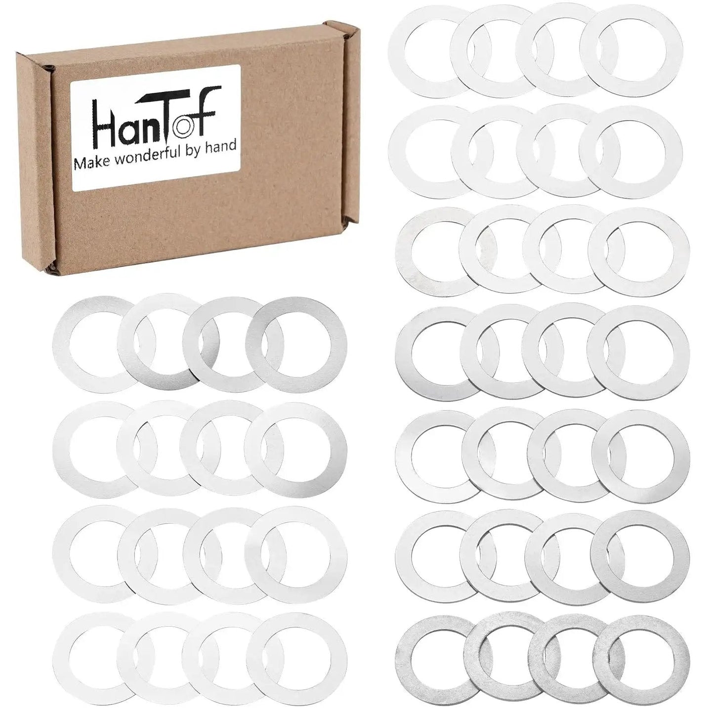 Barrel Shim Kit 1/2x28 For Muzzle Brake Alignment 5.56mm.223, showing stainless steel shims and packaging box