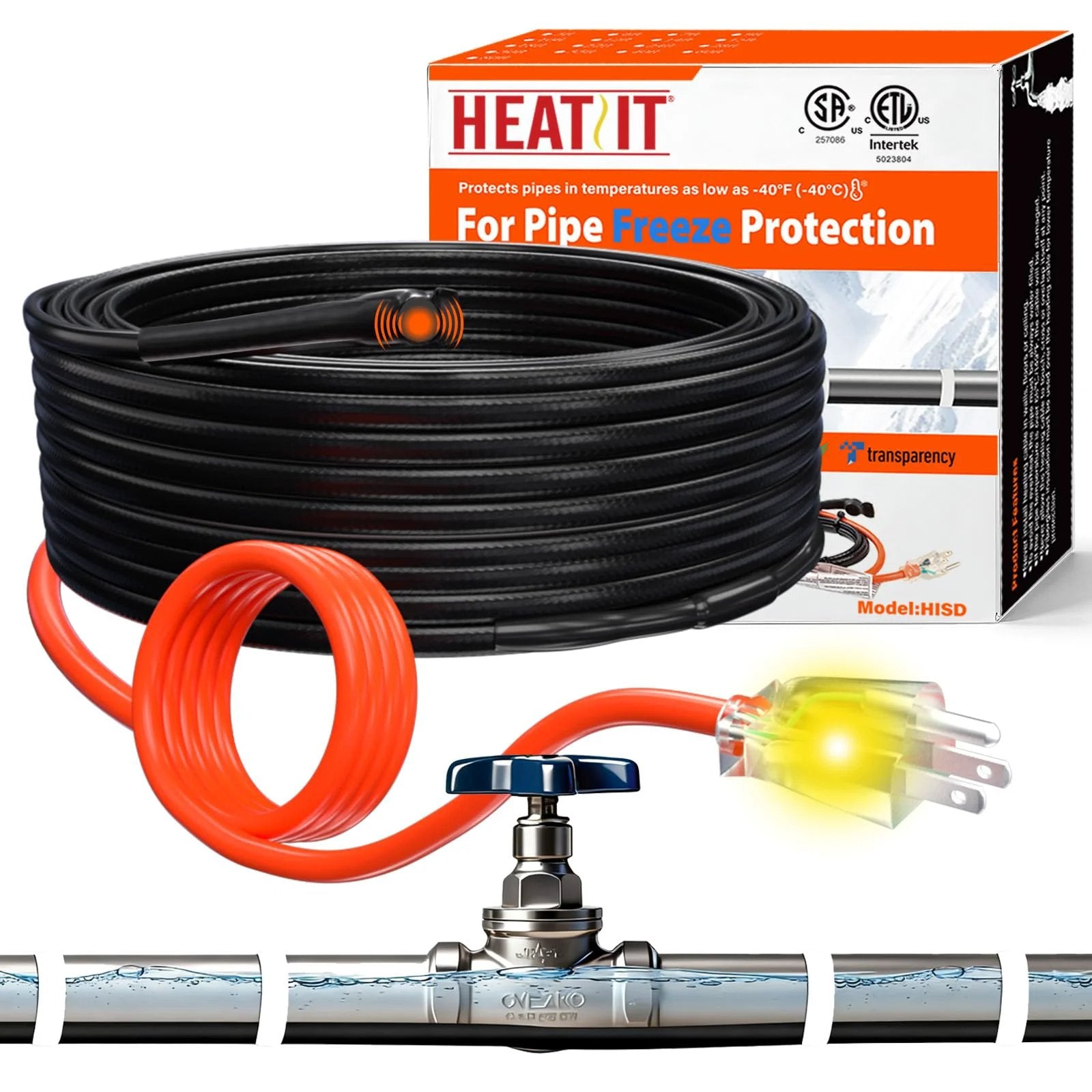 Self Regulating Pipe Heating Cable That Prevents Freezing And Keeps Water Flowing 120 Volt 6 Foot Heat Tape For Water Pipes CSA And ETL Certified Energy Efficient Durable 7 Watt Per Foot Reliable Performance For Home And Garage HeatIt, coiled black cable with orange plug and packaging.