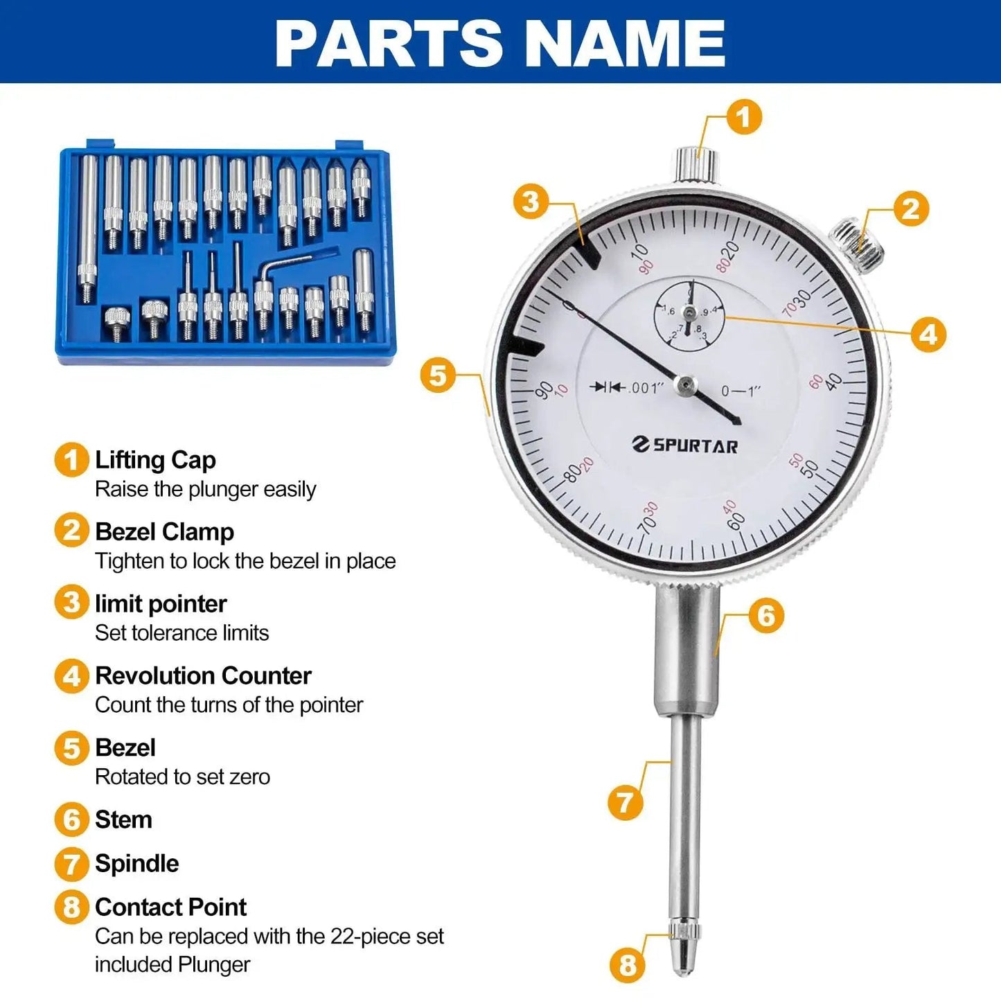 Dial Indicator With Magnetic Base For Precision Alignment And Measurement 0 To 1 Inch Range, 0.001 Inch Resolution, Long Arm Design, Includes 22 Piece AGD Spec Contact Points And 4 To 48 Threads For Machining Automotive And Industrial Inspection with parts labeled.