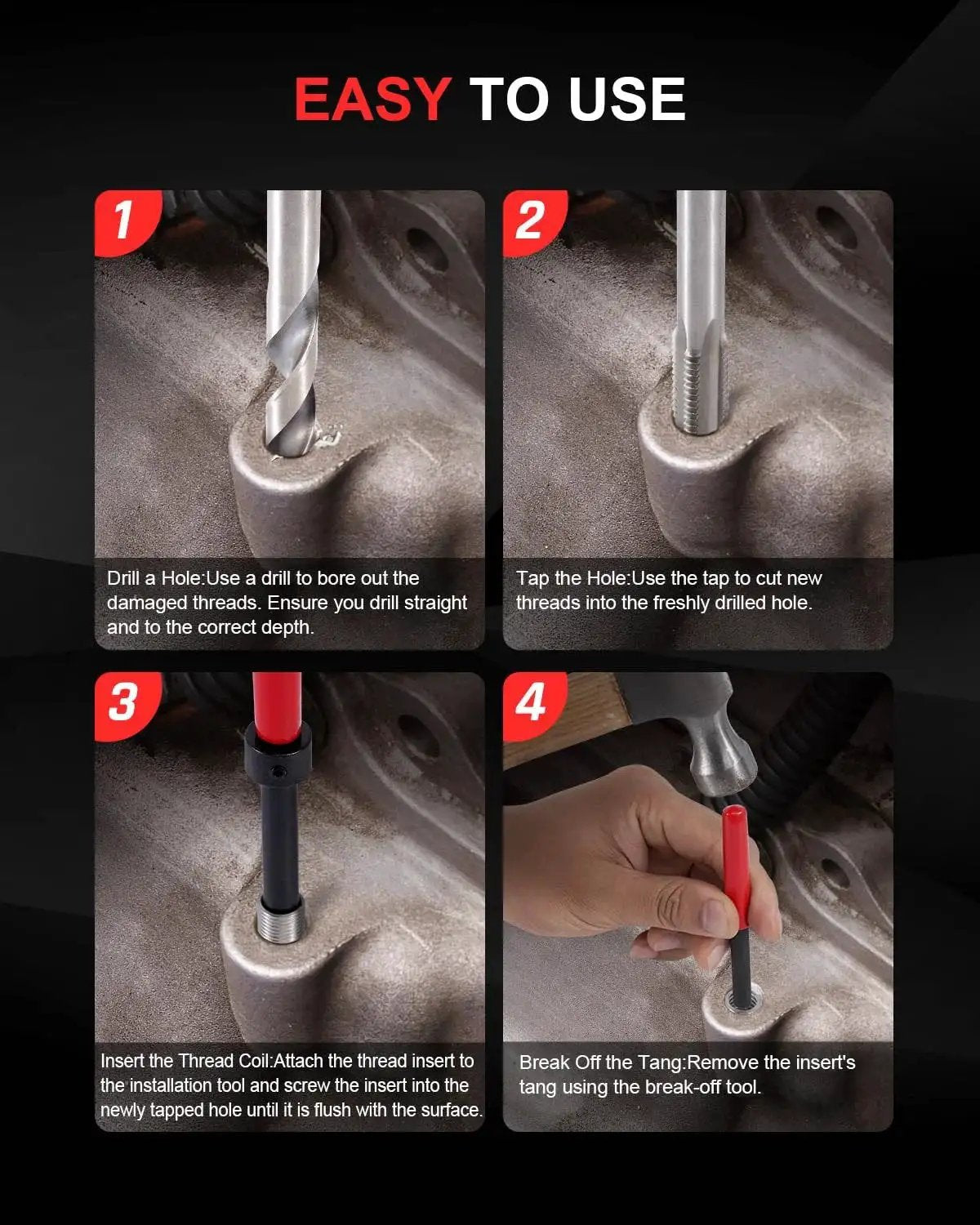 Step-by-step instructions for using M14x1.5 Thread Repair Kit With Helicoil Inserts Tap Break-Off Tool HSS Drill Bit
