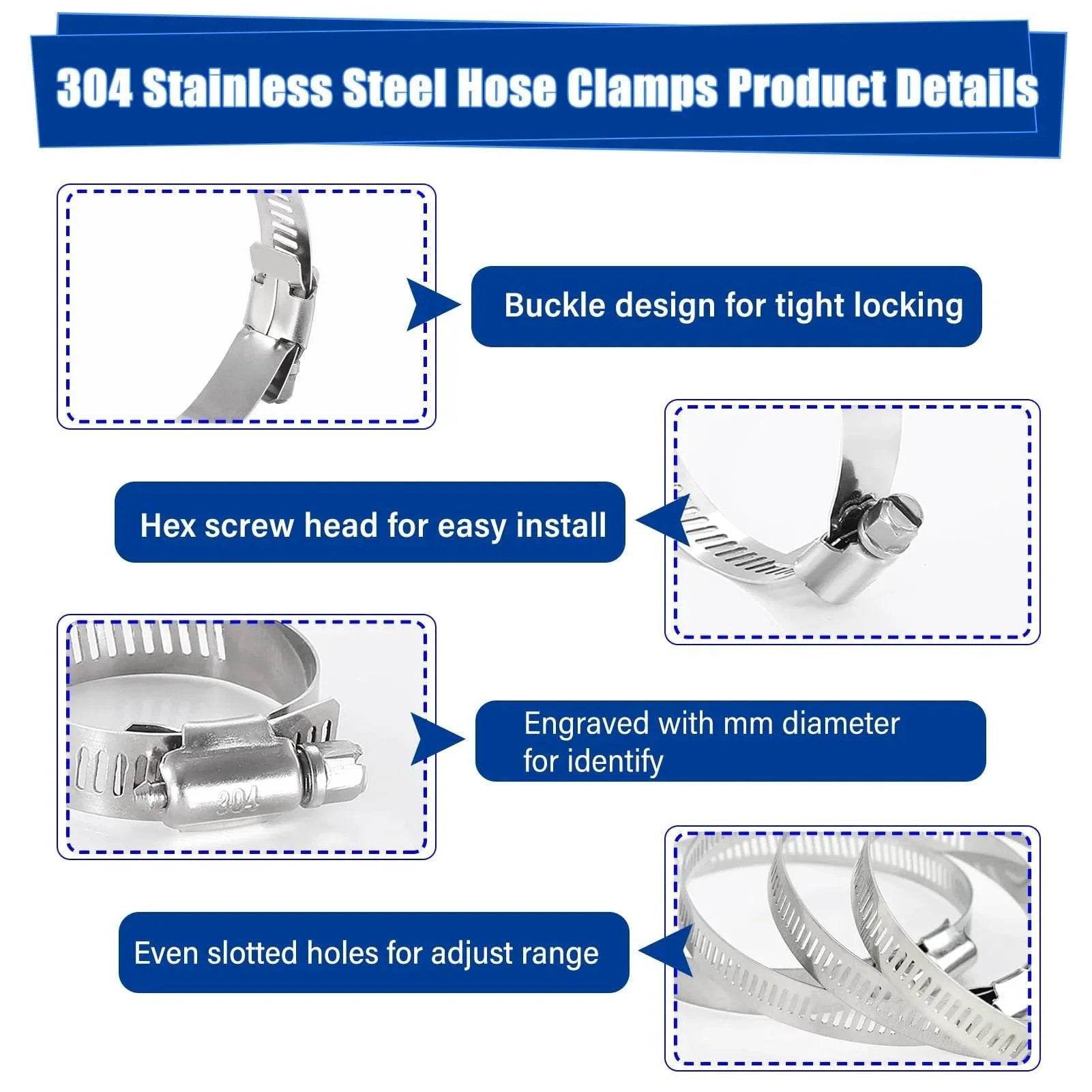 30 Pack 304 Stainless Steel Hose Clamp Set 3/8 To 5/8 Inch (10-16mm) Adjustable Worm Gear Fuel Line Clamps details