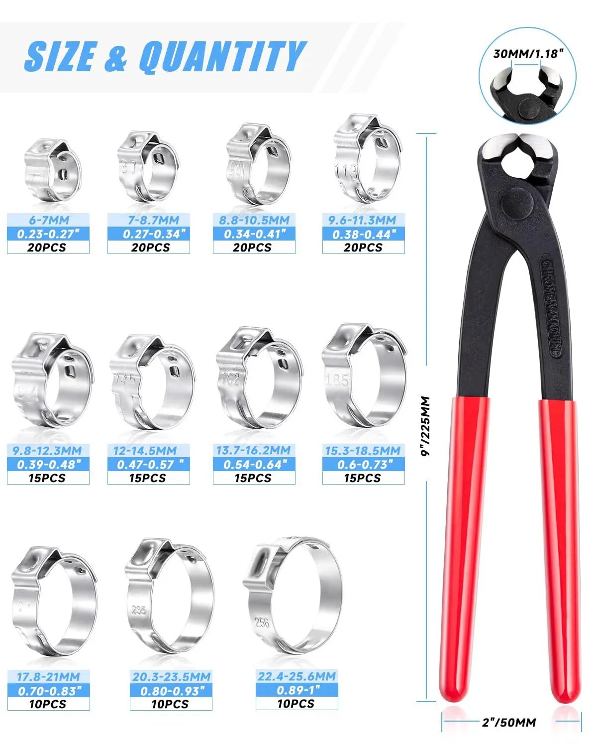 170 Pcs 304 Stainless Steel Single Ear Hose Clamp Set With Ear Clamp Pincer 11 Sizes From Six To Twenty Five Point Six Millimeter