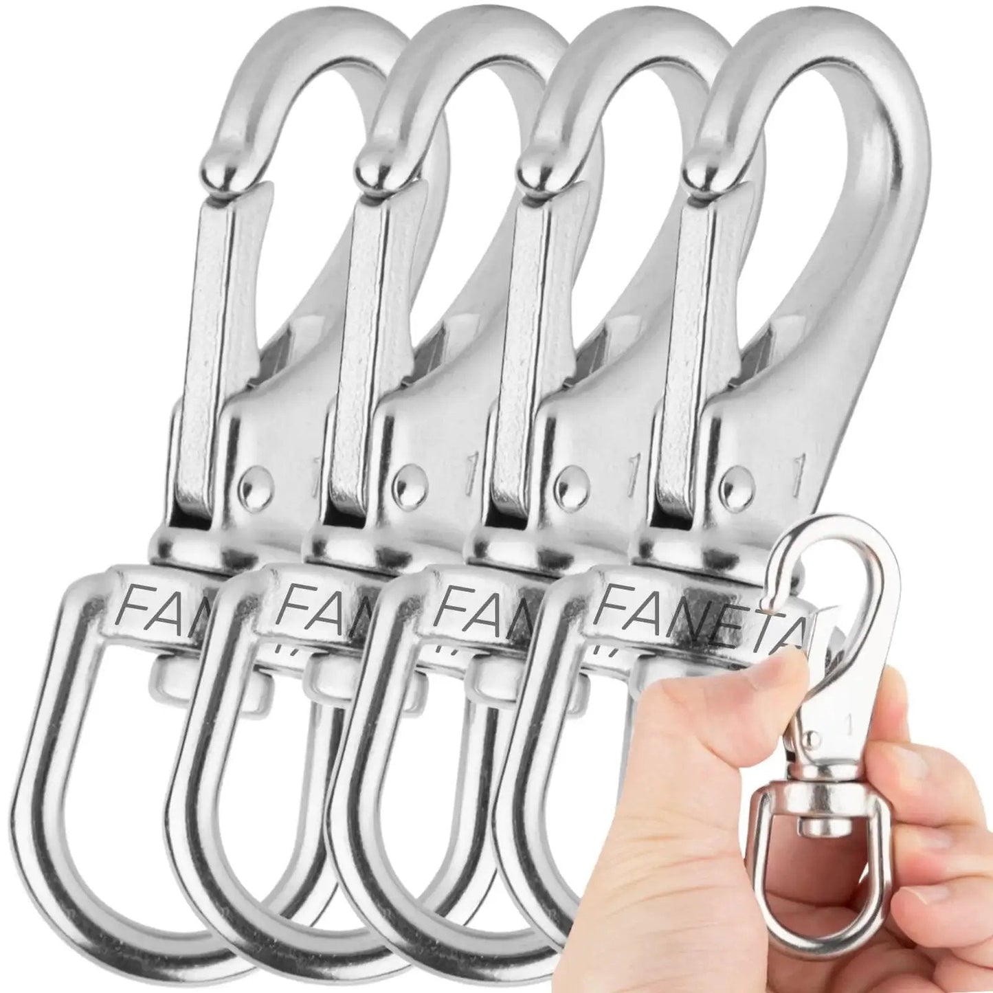 Four stainless steel swivel eye snap hooks three quarter inch heavy duty pack of 4, held in hand showing size and finish.