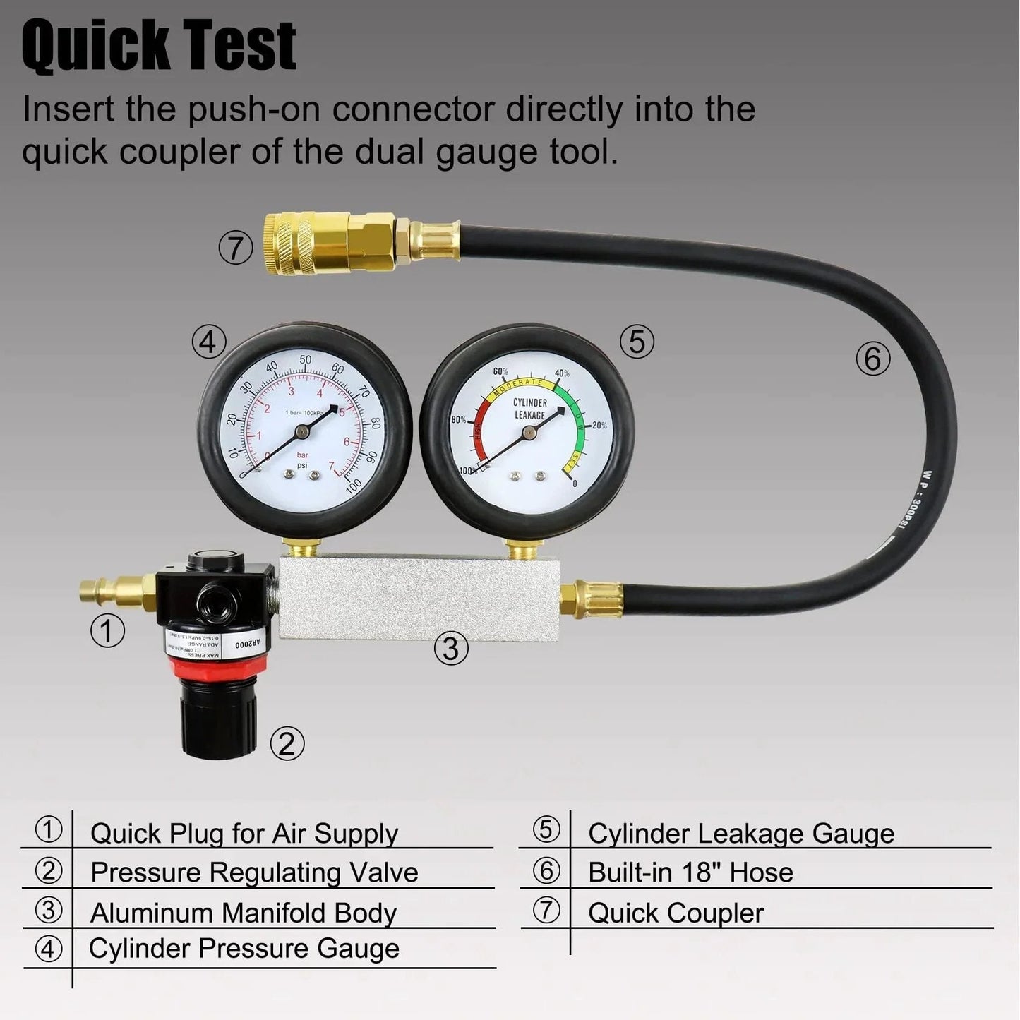Leak Down Tester Kit For Cars And Small Engines With Dual Gauge Pressure Readout, metal manifold, and 18-inch hose.