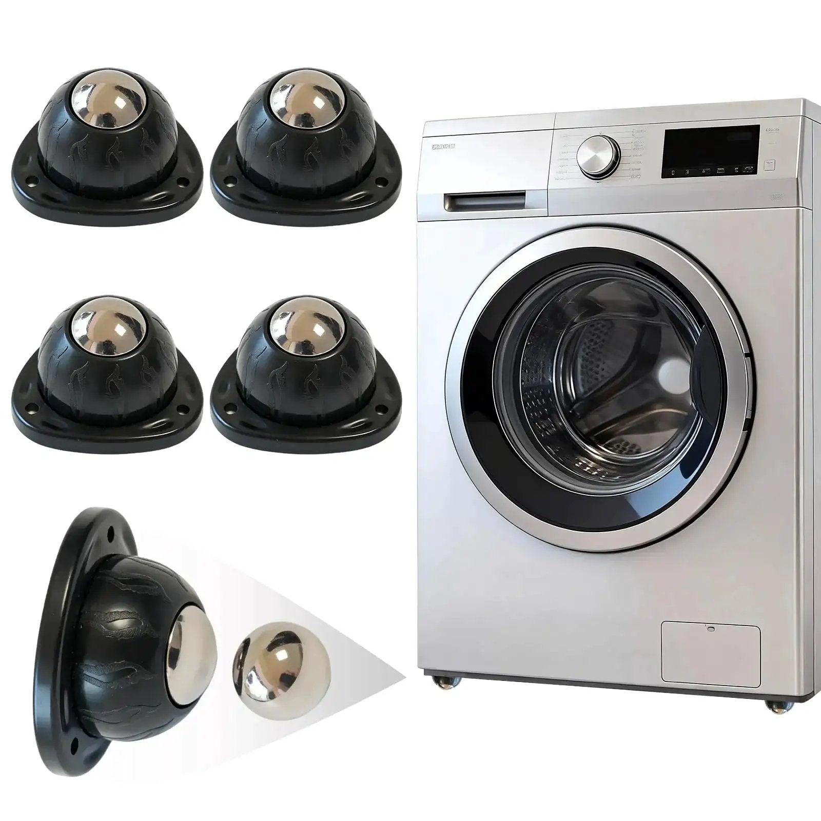 Black Stainless Steel Self Adhesive Caster Wheels 4 Pack with washer, swivel ball casters for large appliances view
