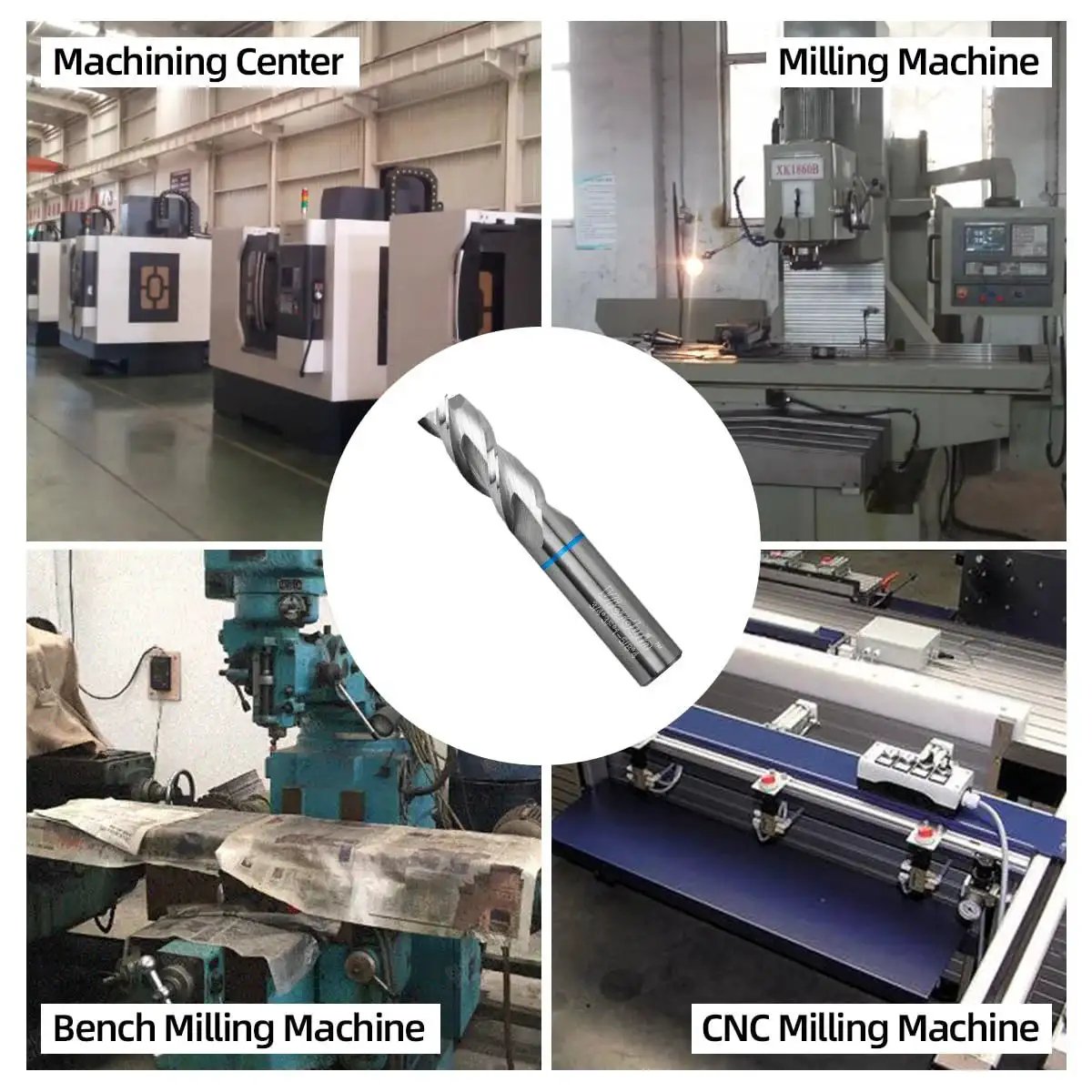 Go To Three Flute Carbide End Mill For Aluminum And Copper, Three Quarter Inch Diameter, Four Inch OAL shown with various machining equipment