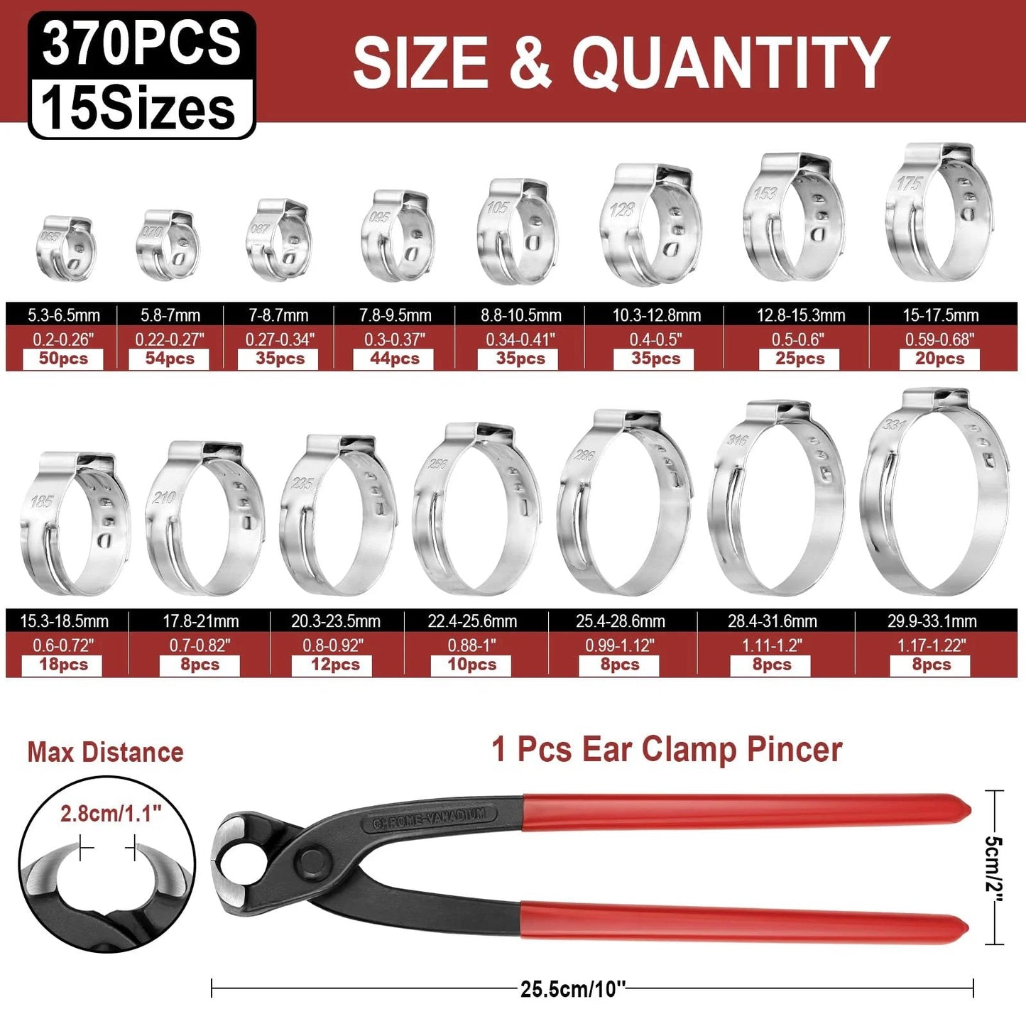 Pro Grade 370 Piece Hose Clamp Set With 15 Sizes From 5.3 To 33.1mm Single Ear No Sharp Edges Crimp Clamps In 304 Stainless Steel