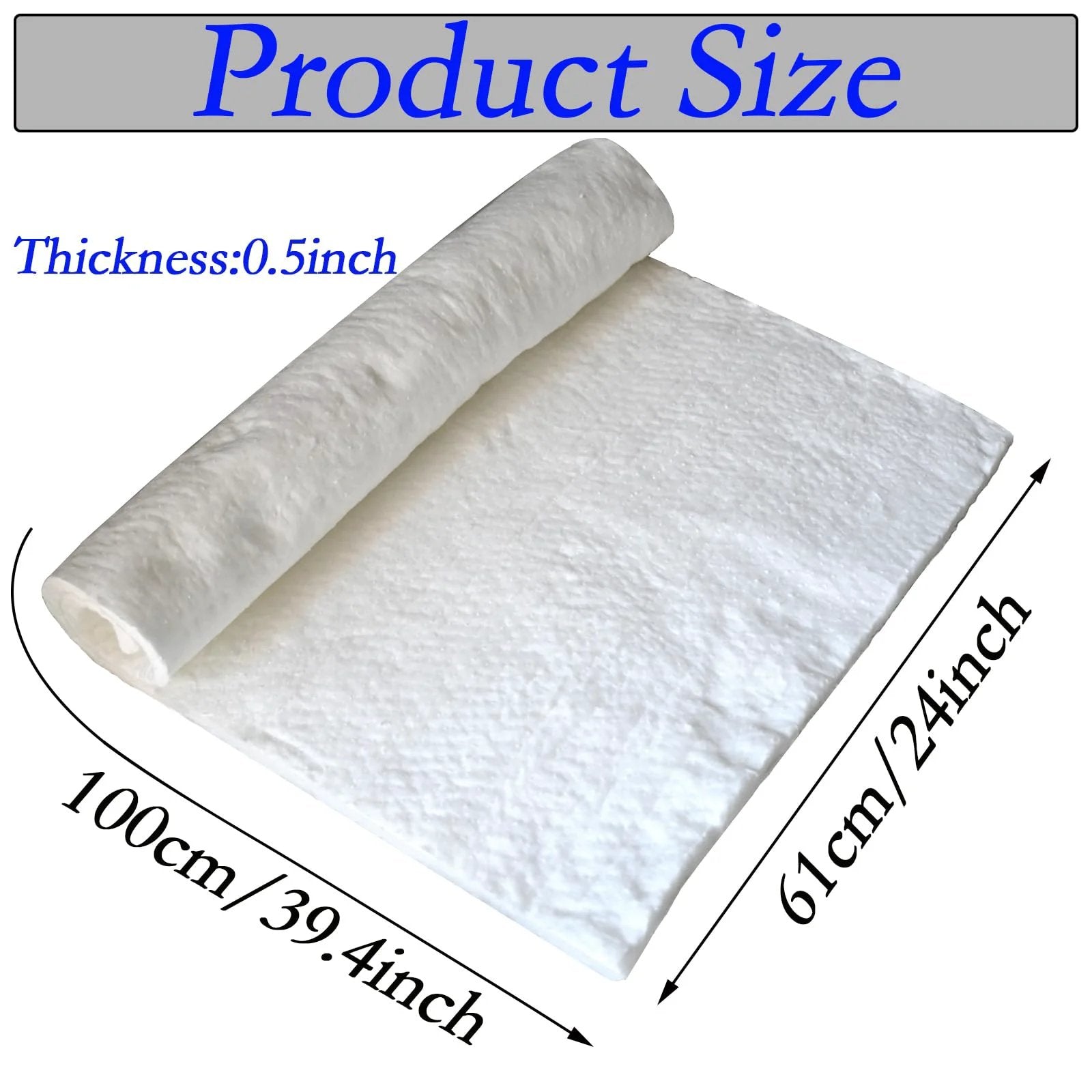 Ceramic Fiber Blanket For High Temp Fireproof Insulation Up To 2400F, 39.4 by 24 by 0.5 inches, rolled out, showing texture and thickness.