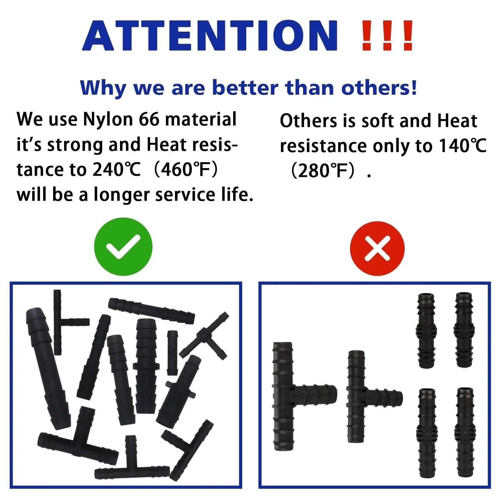 Comparison of Nylon 66 vacuum connectors with 240C heat resistance and weaker alternatives, highlighting durability advantages.