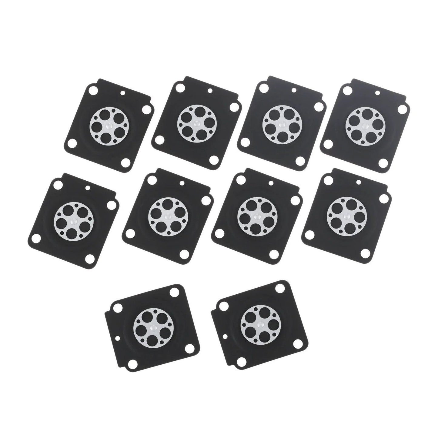 Metering Diaphragm Replacement Kit For Zama A015053 Small Engine Carburetors Includes Ten Diaphragms For STIHL Trimmers FS38 FS75 FS85 BG55 SP81 And C1Q Series Engines With C1Q S69A S70 S71 S73 S79 S93 S95 S97 S68 square diaphragms displayed on a white background