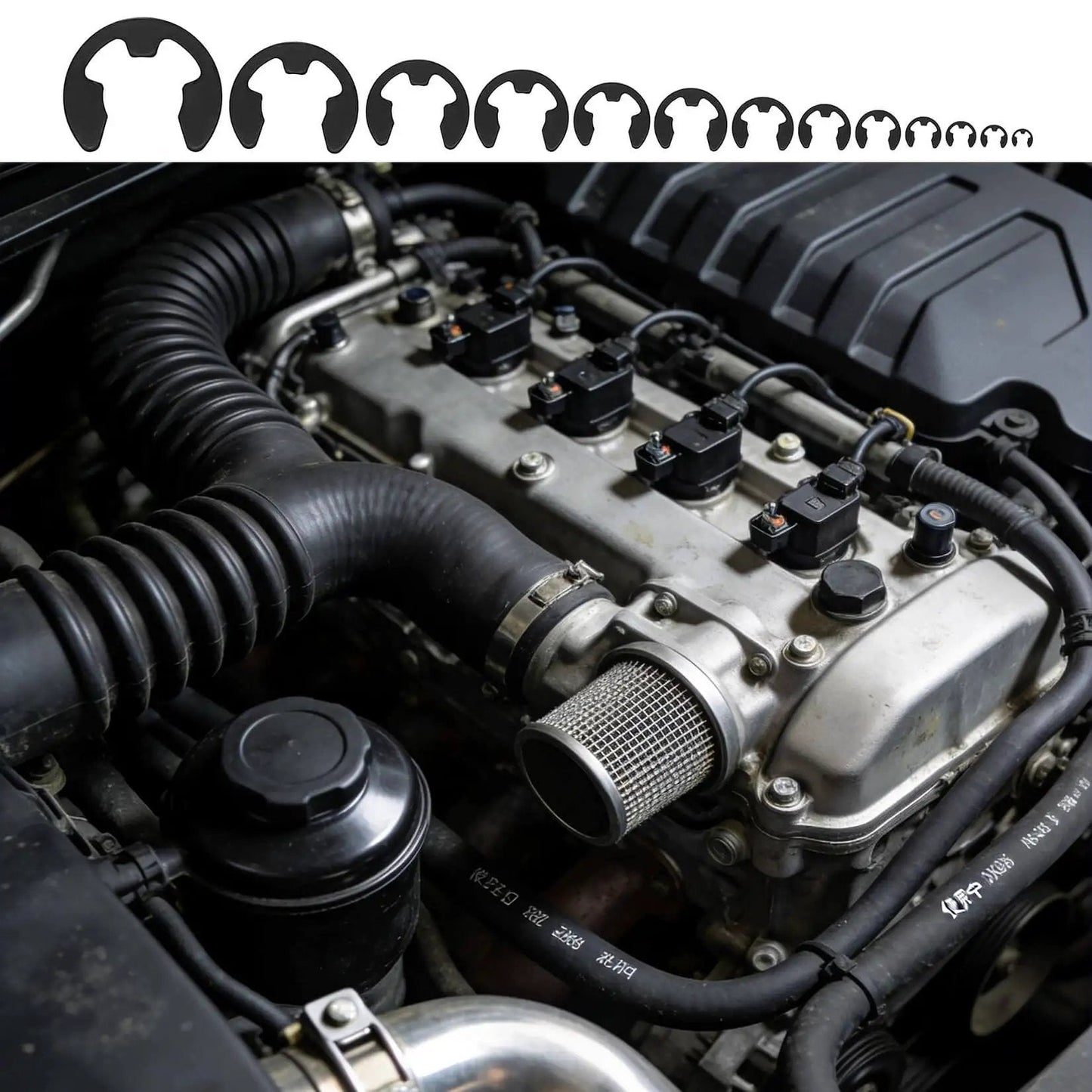 Engine with various E Clip sizes for 1100 Piece E Clip Retaining Rings Set, C Clips and Snap Rings Assortment Kit for Auto Parts Repair.