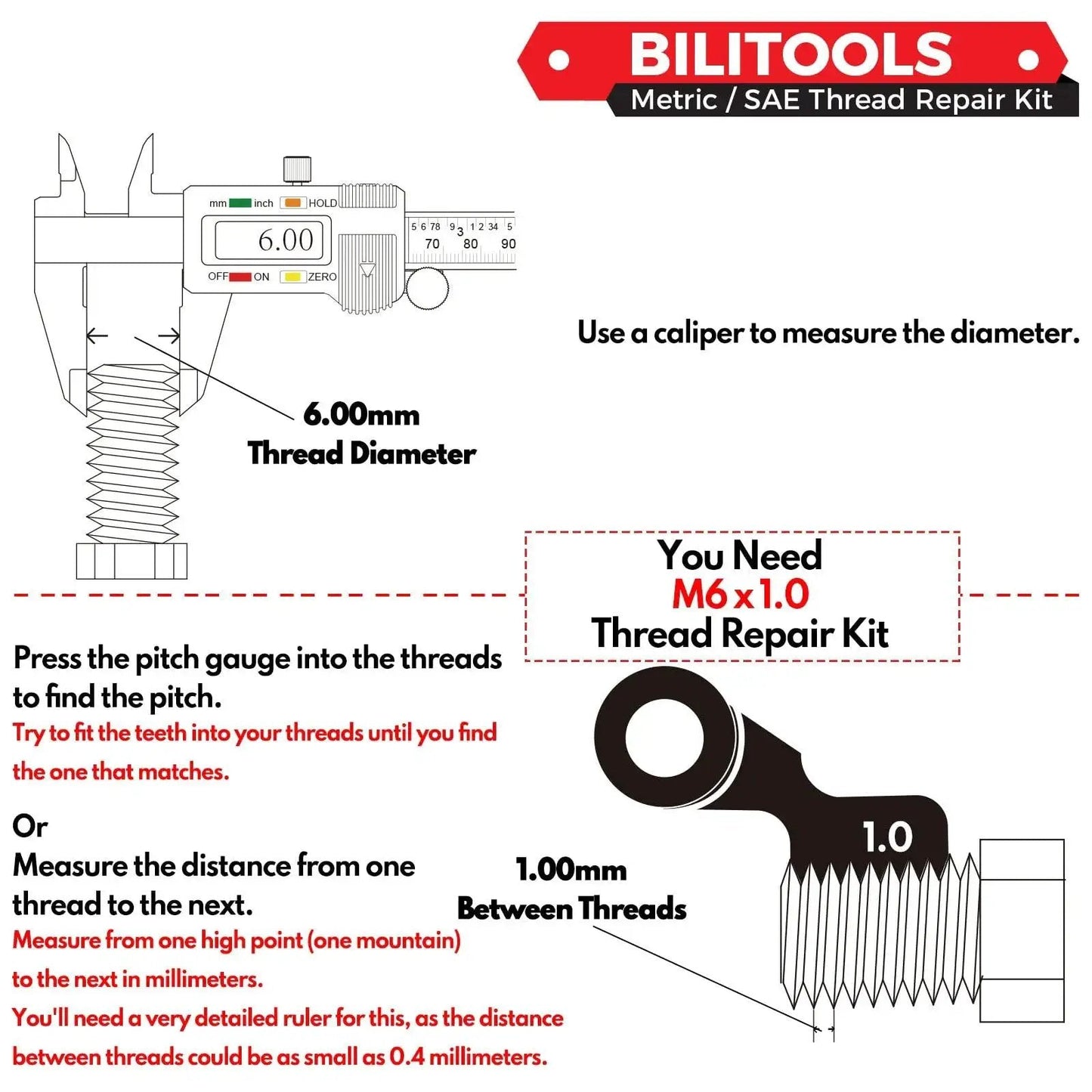Diagram showing measurement tips for selecting M6x1.0 Thread Repair Kit With HSS Drill For Helicoil Inserts, with thread and pitch details.