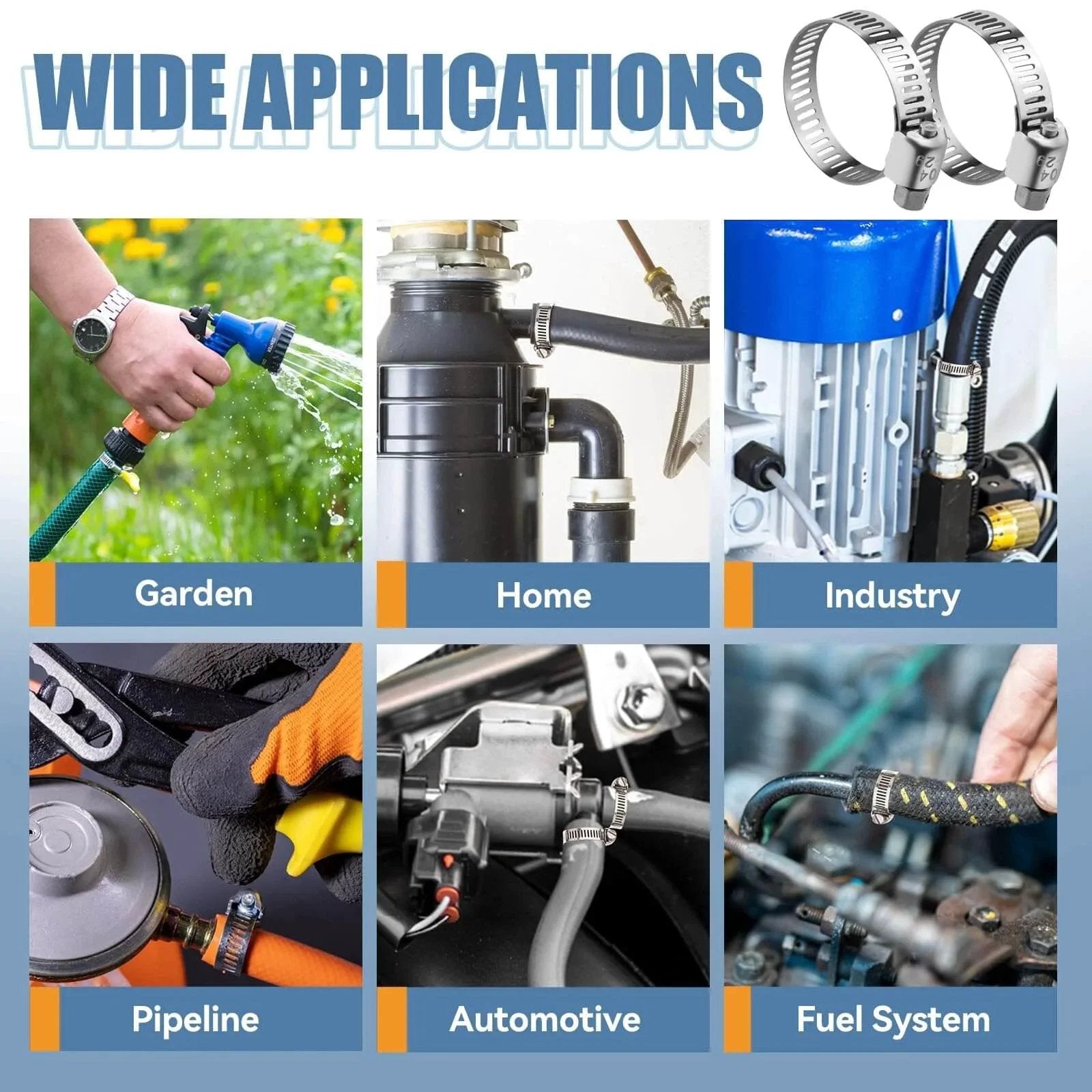 45 Piece Stainless Steel Hose Clamp Kit With Worm Gear Adjustable From 1/4 To 1-1/8 Inches (6-29 Mm) For Plumbing Automotive and Mechanical Applications Corrosion Resistant 304 Stainless Steel, showing various installation uses in garden and automotive settings.