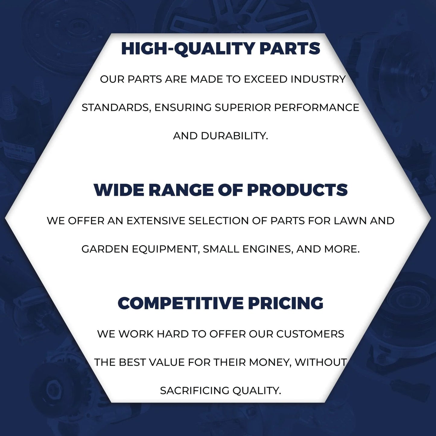 Hexagon graphic with text on high-quality parts, wide range of products, and competitive pricing.