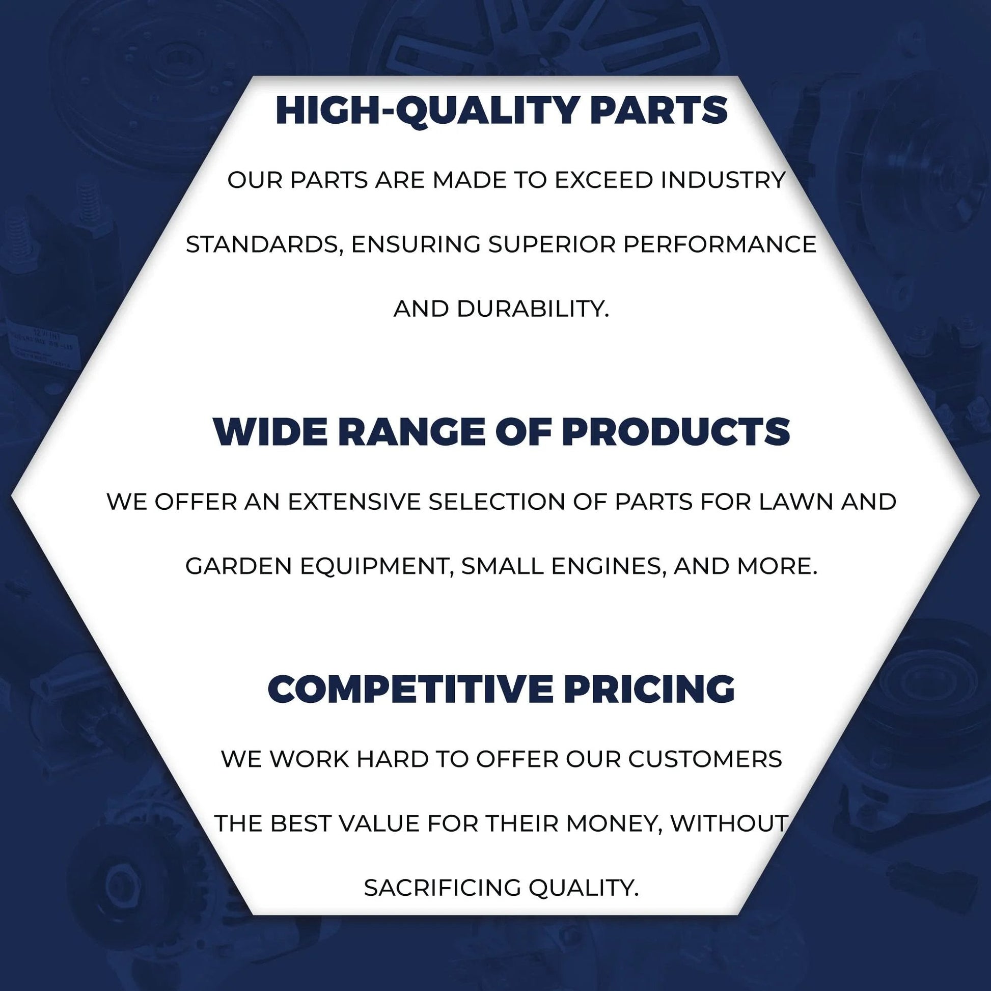 Hexagon graphic with text on high-quality parts, wide range of products, and competitive pricing.