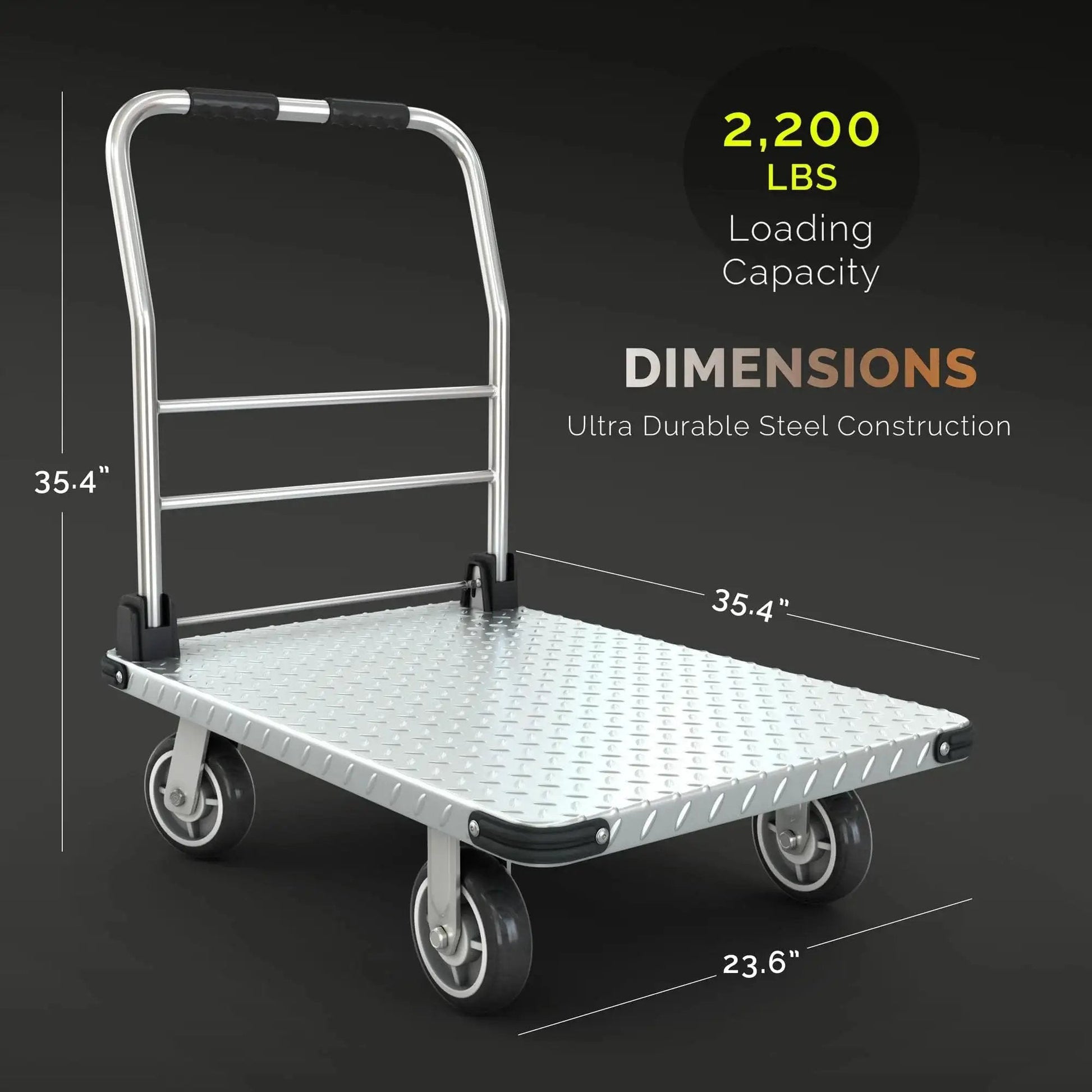 Heavy Duty 2200 Pound Capacity Foldable Push Cart Dolly with dimensions and metal construction, ideal for moving furniture and luggage