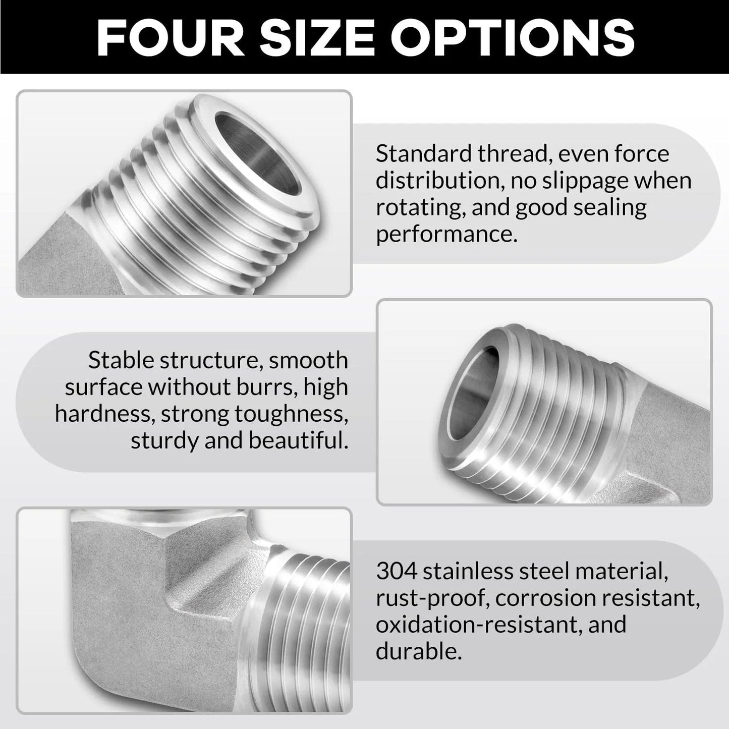 304 Stainless Steel 90 Degree Street Elbow One Quarter Inch NPT Male To One Quarter Inch NPT Male Pipe Fitting close-up showing thread details and material description