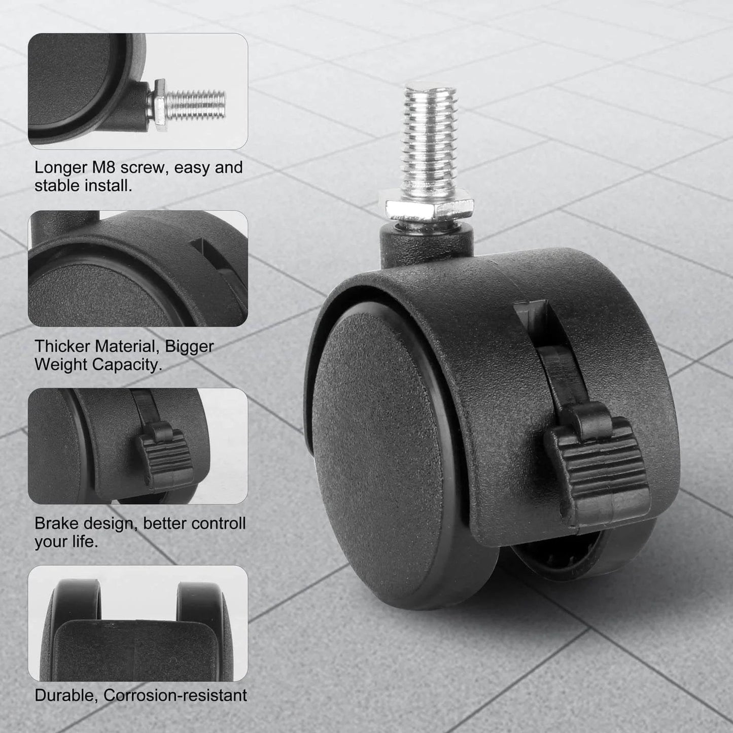 4 Pack 1.5" Swivel Stem Caster Wheels - Replacement Furniture Casters with Locking Brake, Metric M8 Threaded Stem.