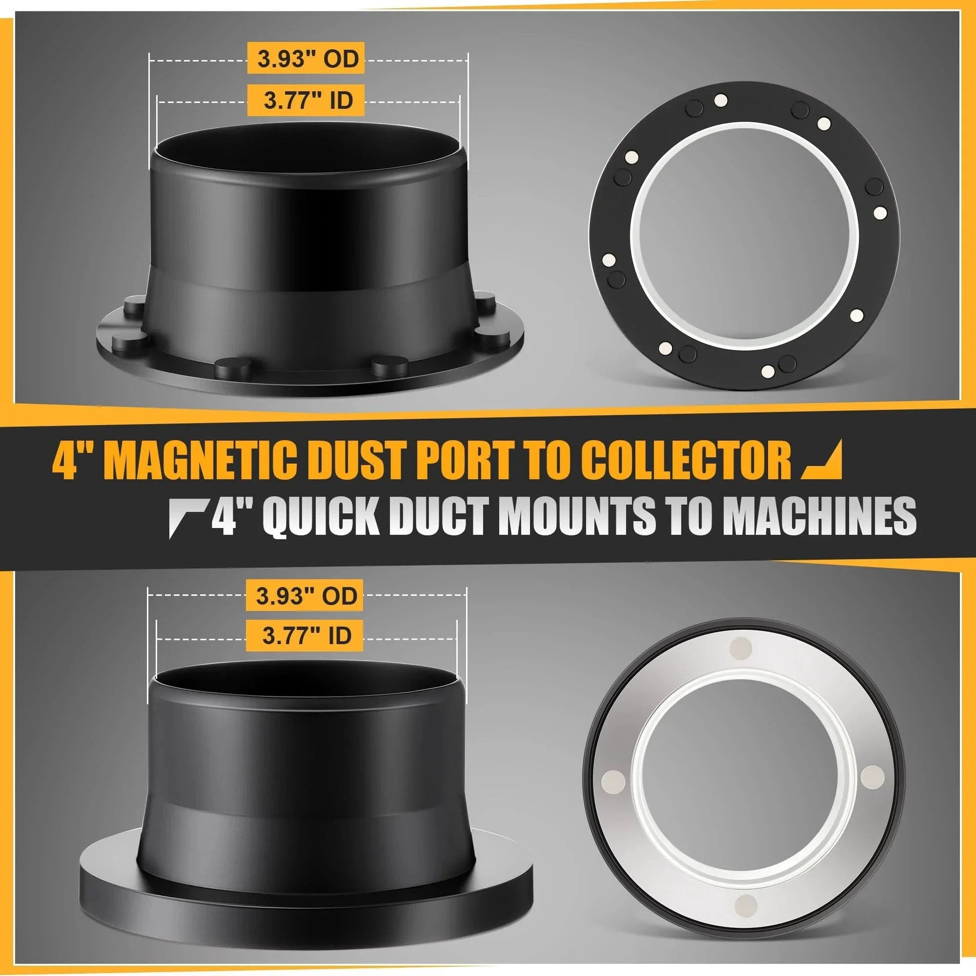 Magnetic Dust Collector Fast Connect System Starter Kit With Neodymium Fittings Hose Couplers And Clamps For 4 Inch Workshop Dust Collection Ideal For Quick Cleanup And Easy Attachment Saillong showing 4-inch magnetic dust port and duct mounts.