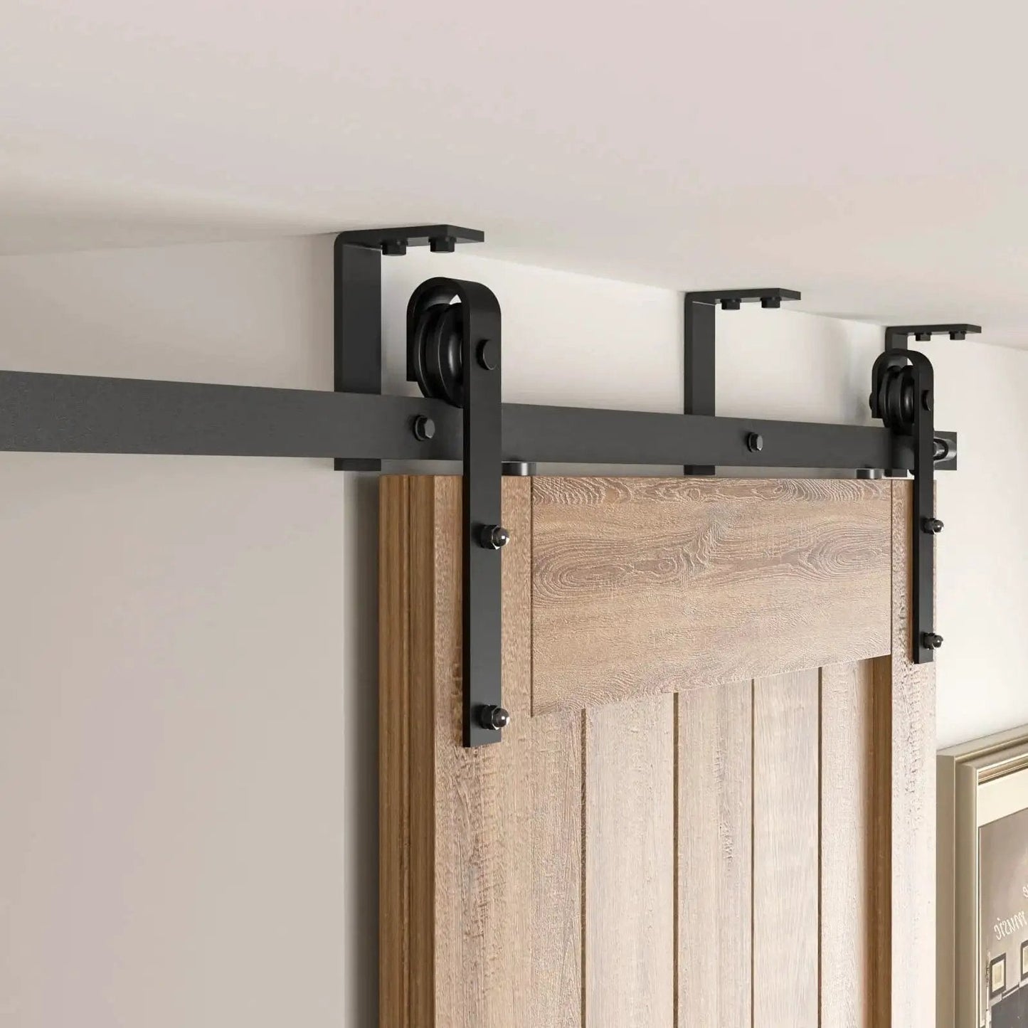 10 Ft Ceiling Mount Sliding Barn Door Hardware Kit Black With Low Ceiling L Shape Bracket System installed, supports 60 Inch Door