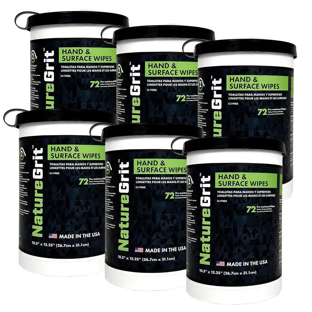 Six canisters of Mechanic Hand And Surface Wipes With Degreaser For Grime Removal, labeled NatureGrit, on a white background.