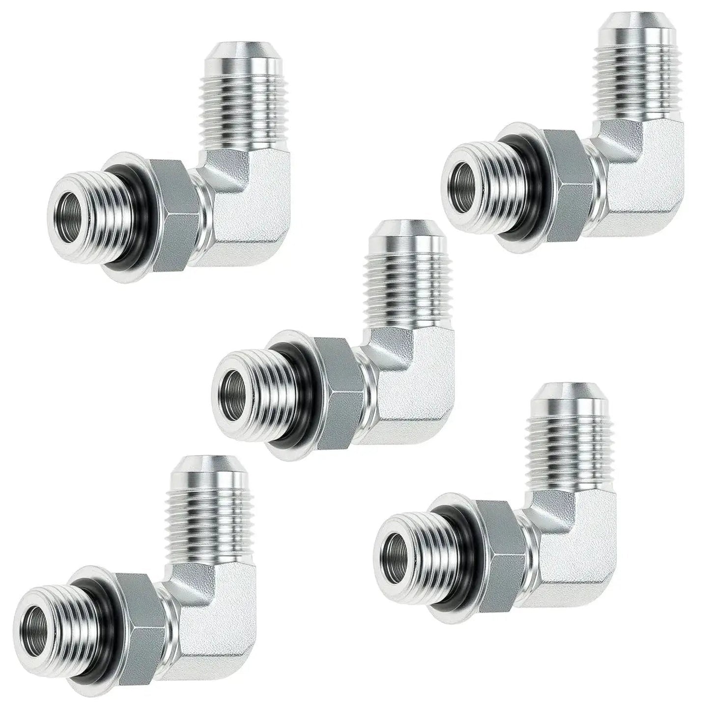 Five pieces of 90 Degree Elbow Hydraulic Hose Fittings Set Ten Pieces Three Eighths Inch JIC Thirty Seven Degree Male End To Six SAE ORB Male