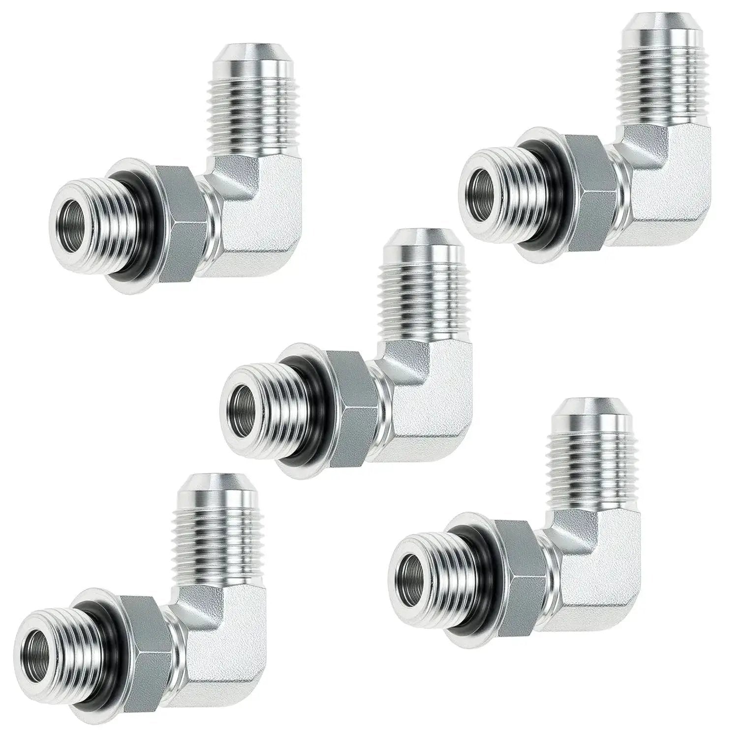 Five pieces of 90 Degree Elbow Hydraulic Hose Fittings Set Ten Pieces Three Eighths Inch JIC Thirty Seven Degree Male End To Six SAE ORB Male