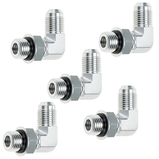 Five pieces of 90 Degree Elbow Hydraulic Hose Fittings Set Ten Pieces Three Eighths Inch JIC Thirty Seven Degree Male End To Six SAE ORB Male