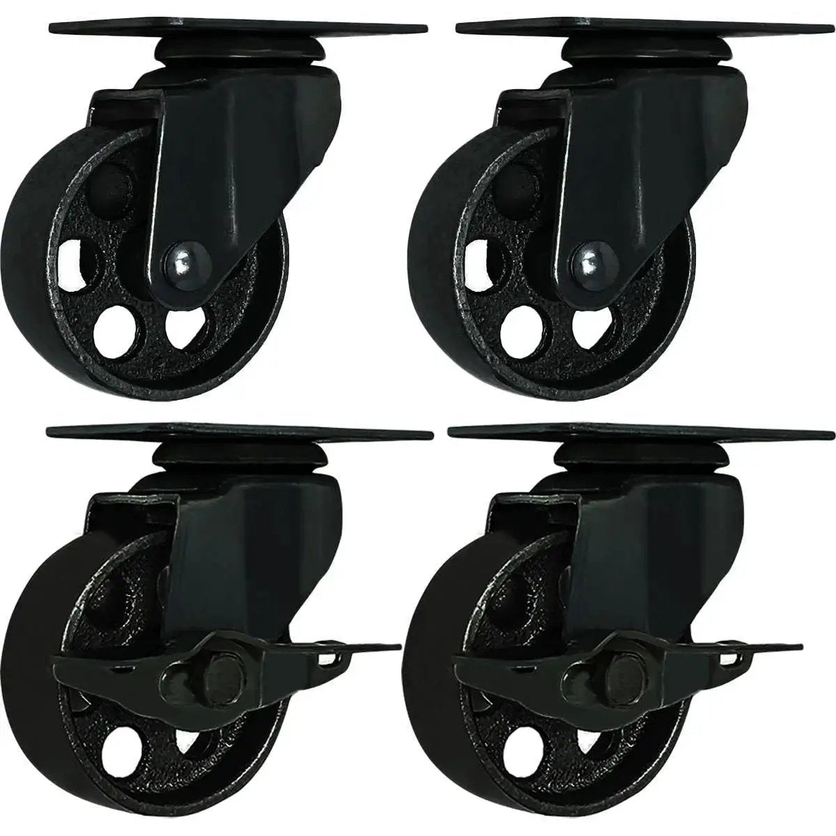 All Black Four Pack Metal Swivel Plate Caster Wheels With Brake Lock Heavy Duty High Gauge Steel 3 Inch Casters Each Supports 300 Plus Lbs Load For Industrial Carts And Equipment Made For Tough Jobs In Warehouses And Shops