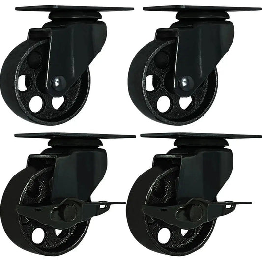 All Black Four Pack Metal Swivel Plate Caster Wheels With Brake Lock Heavy Duty High Gauge Steel 3 Inch Casters Each Supports 300 Plus Lbs Load For Industrial Carts And Equipment Made For Tough Jobs In Warehouses And Shops